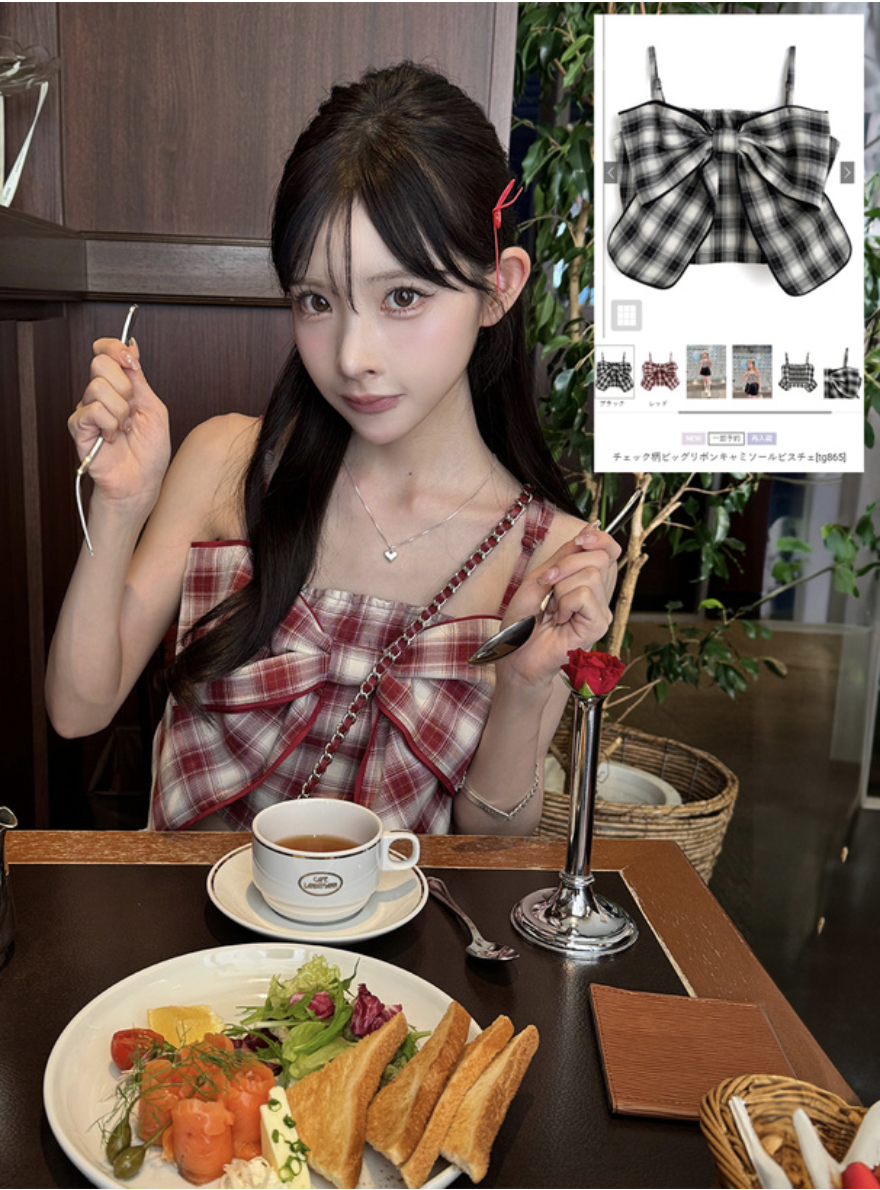 JP1286｜包裝禮物˚.🎀༘⋆ 少女感大大蝴蝶結格紋束胸吊帶背心上衣