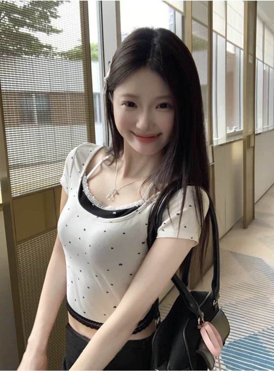 JP1289｜滿滿心思˚ ୨ৎ ˚ 小小蝴蝶結蕾絲邊綁帶掛頸假兩件短袖上衣