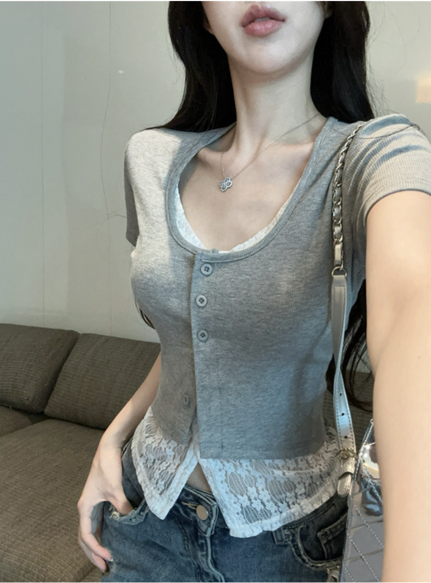 JP1288｜百搭感蕾絲透視內搭假兩件短袖上衣⋆౨ৎ˚⟡˖ ࣪