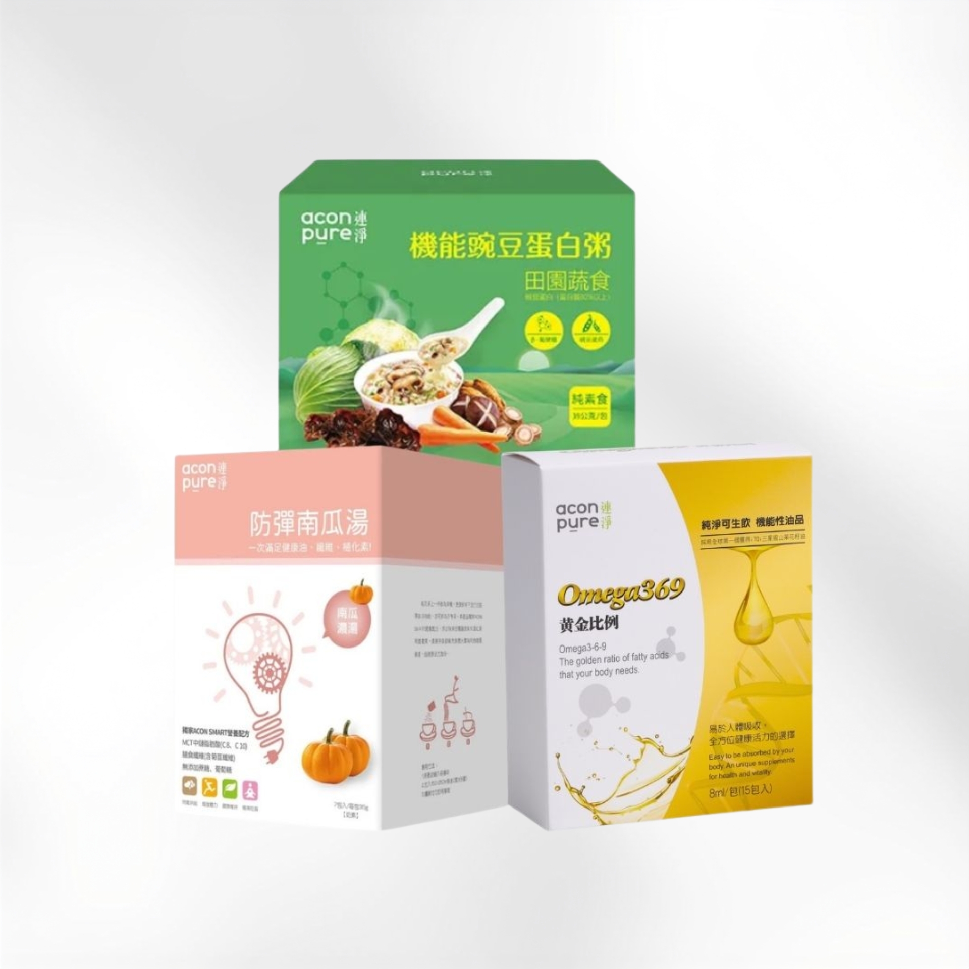 五膳後延續方案 (防彈南瓜湯1盒、Omega369油包1盒、豌豆蛋白粥－田園蔬食1盒)