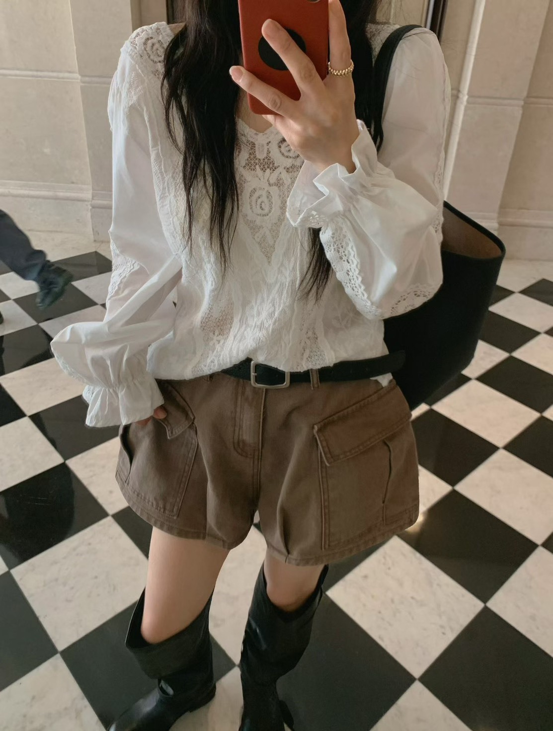 附腰帶咖綠牛仔短褲