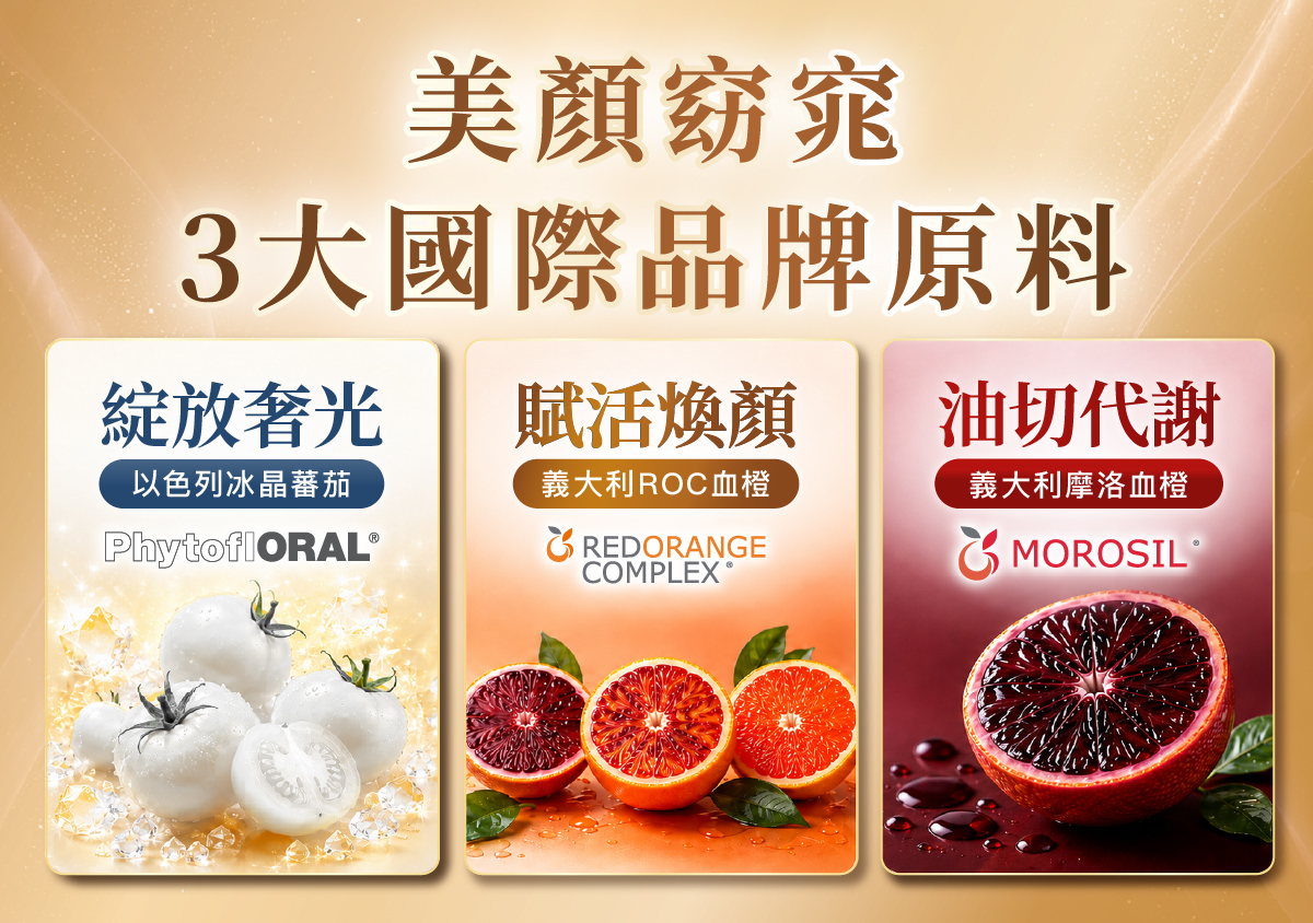 美顏窈窕3大國際品牌原料:PhytoflORAL冰晶蕃茄、Red Orange Complex血橙、MOROSIL摩洛血橙