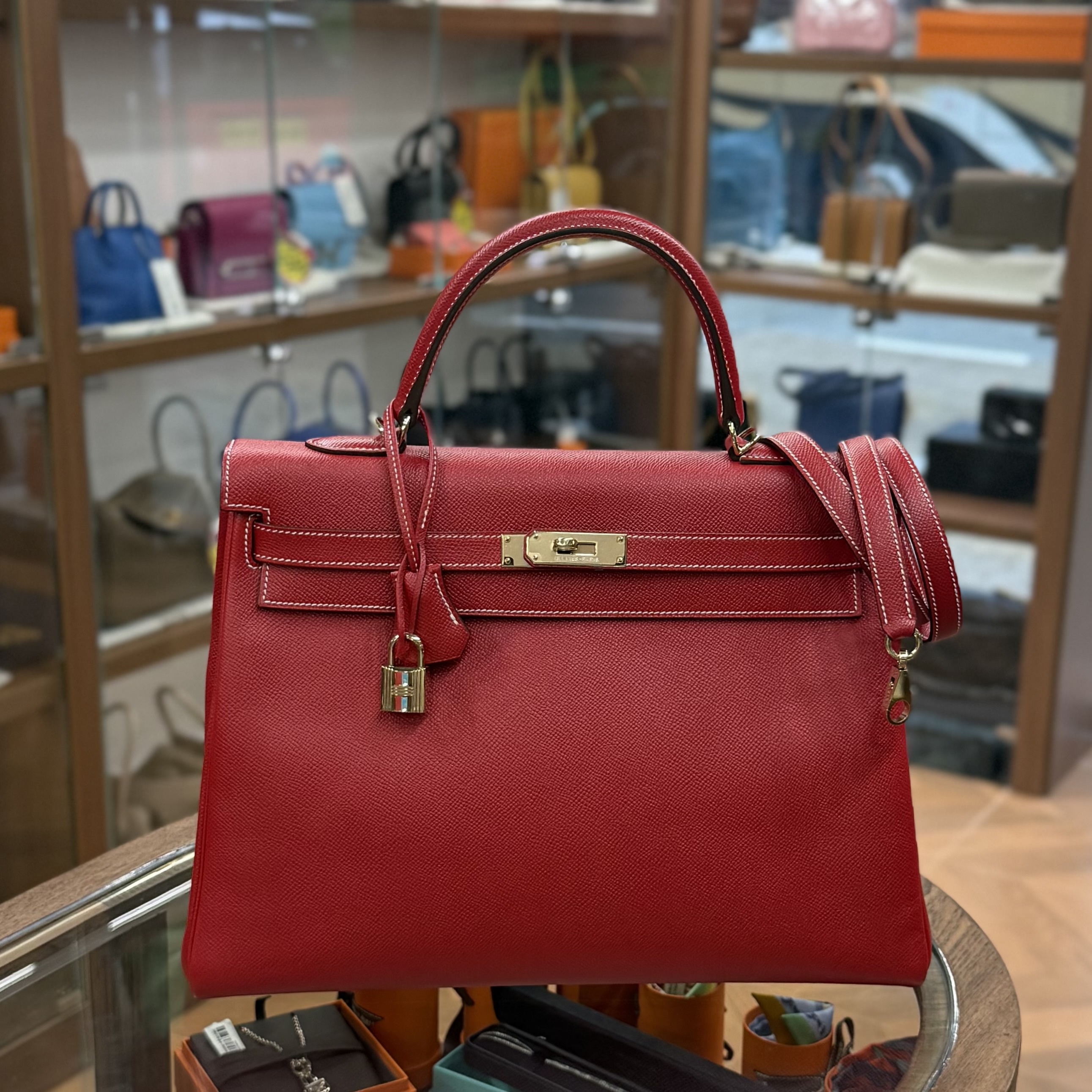 95%NEW USED HRMES KELLY 35 ROUGE CASAQUE/BLEU  EPSOM GHW 紅色/藍色金扣 口 P #愛馬仕凱莉 #K35