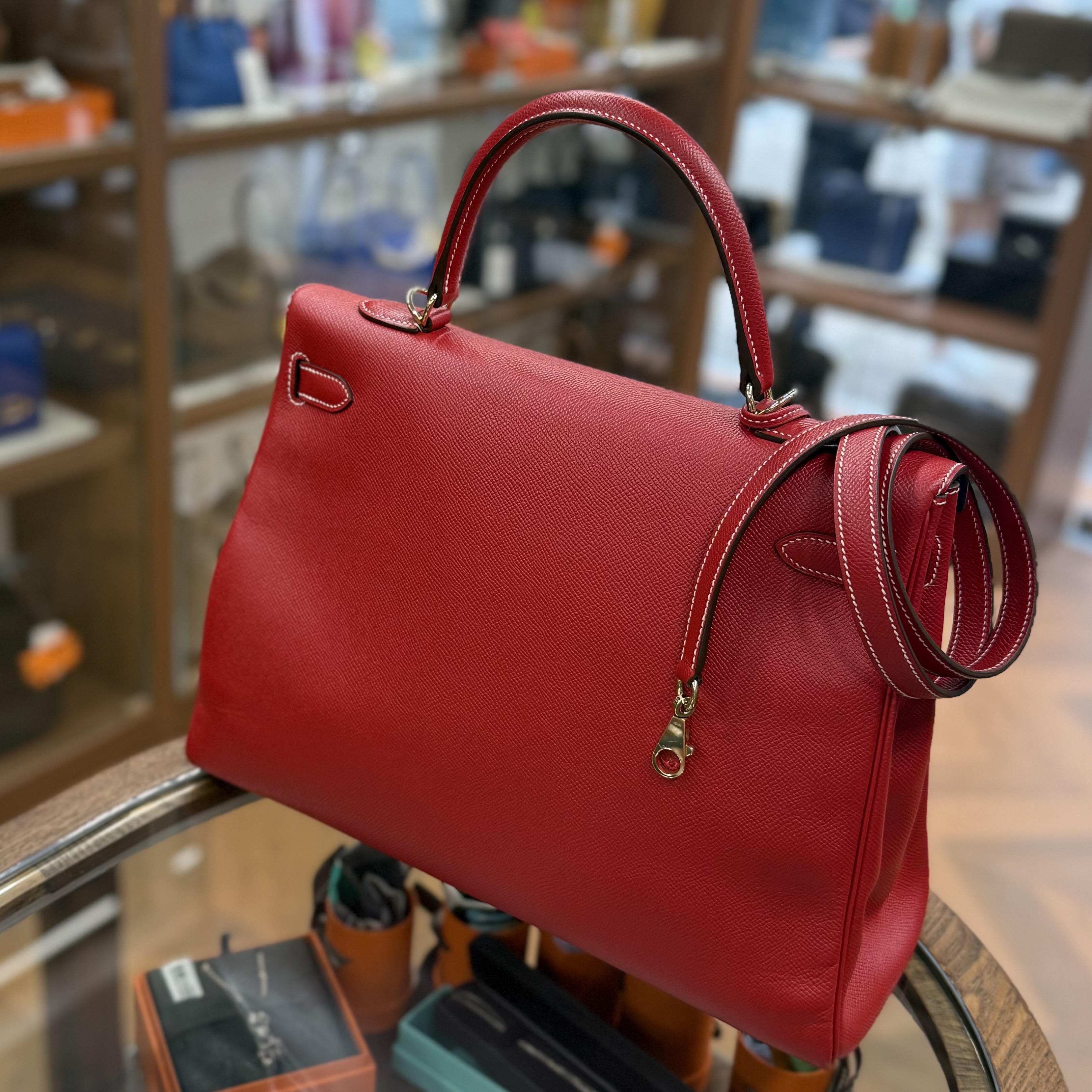95%NEW USED HRMES KELLY 35 ROUGE CASAQUE/BLEU  EPSOM GHW 紅色/藍色金扣 口 P #愛馬仕凱莉 #K35