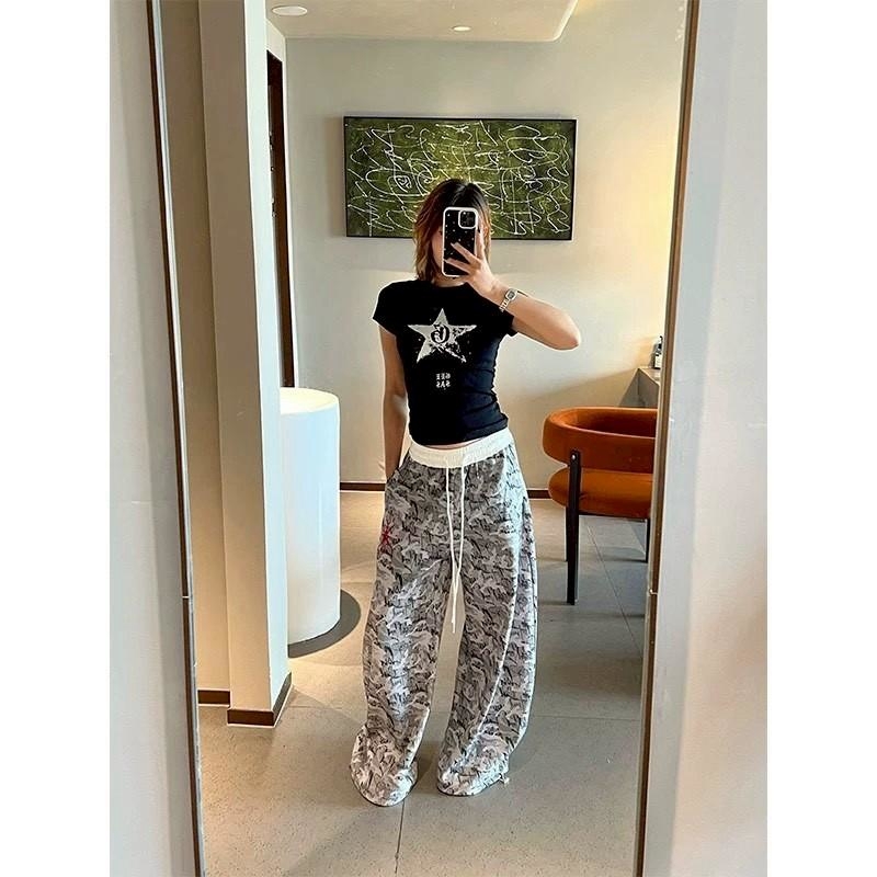 『RB』美式復古拼接字母刺繡迷彩彎刀褲