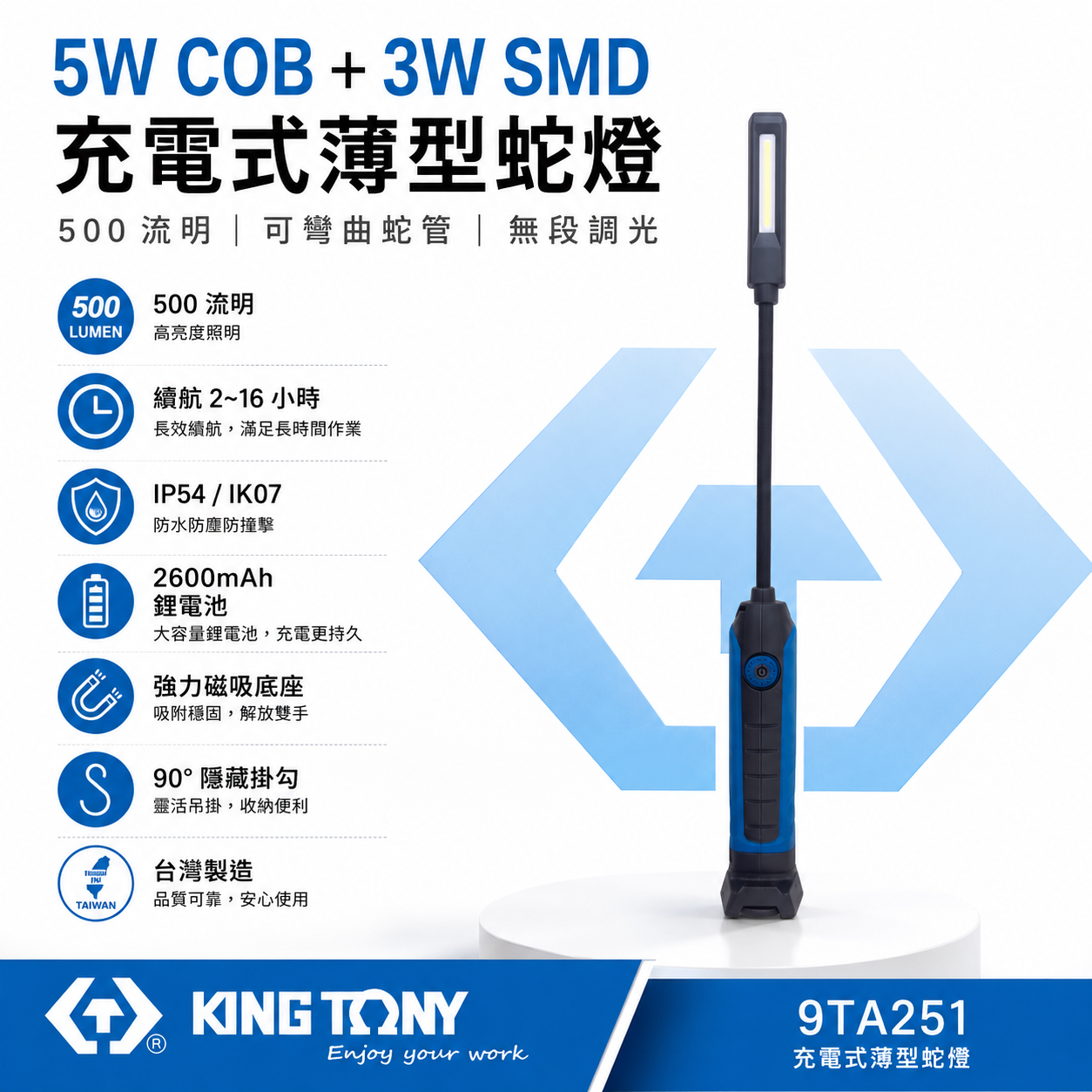 KING TONY 金統立 台灣製｜5W COB薄型蛇燈工作燈 白光探照燈 雙燈 充電手電筒｜9TA251B｜9TA251