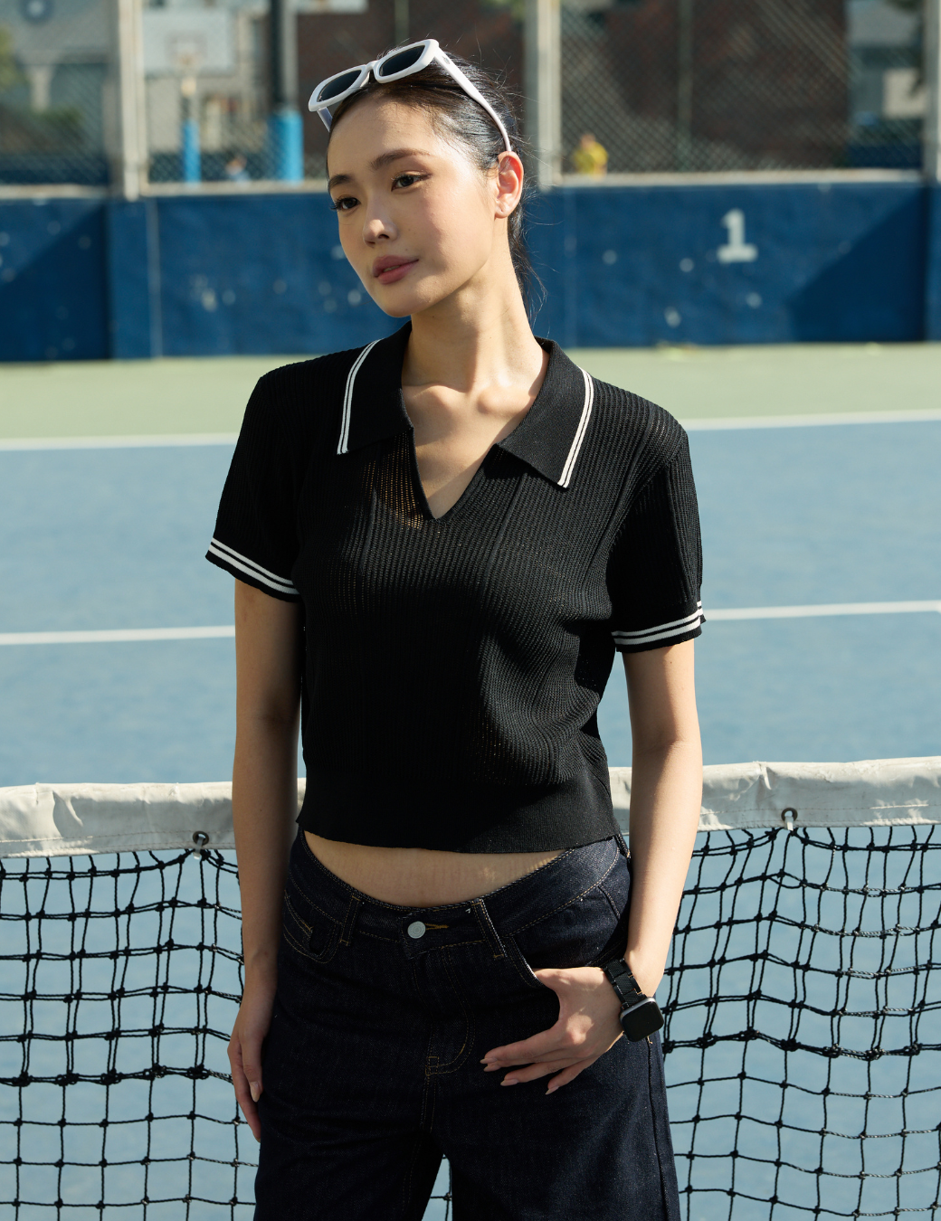 Striped Trim Polo Collar Knit Top (Black/3 Sizes)