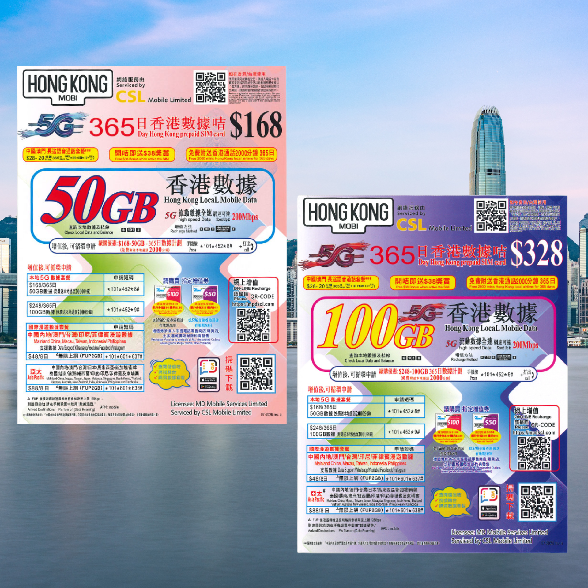 CSL - HK MOBI【365日】有通話【香港】5G本地儲值年卡高速流動數據上網卡電話卡sim咭 (50GB/100GB)
