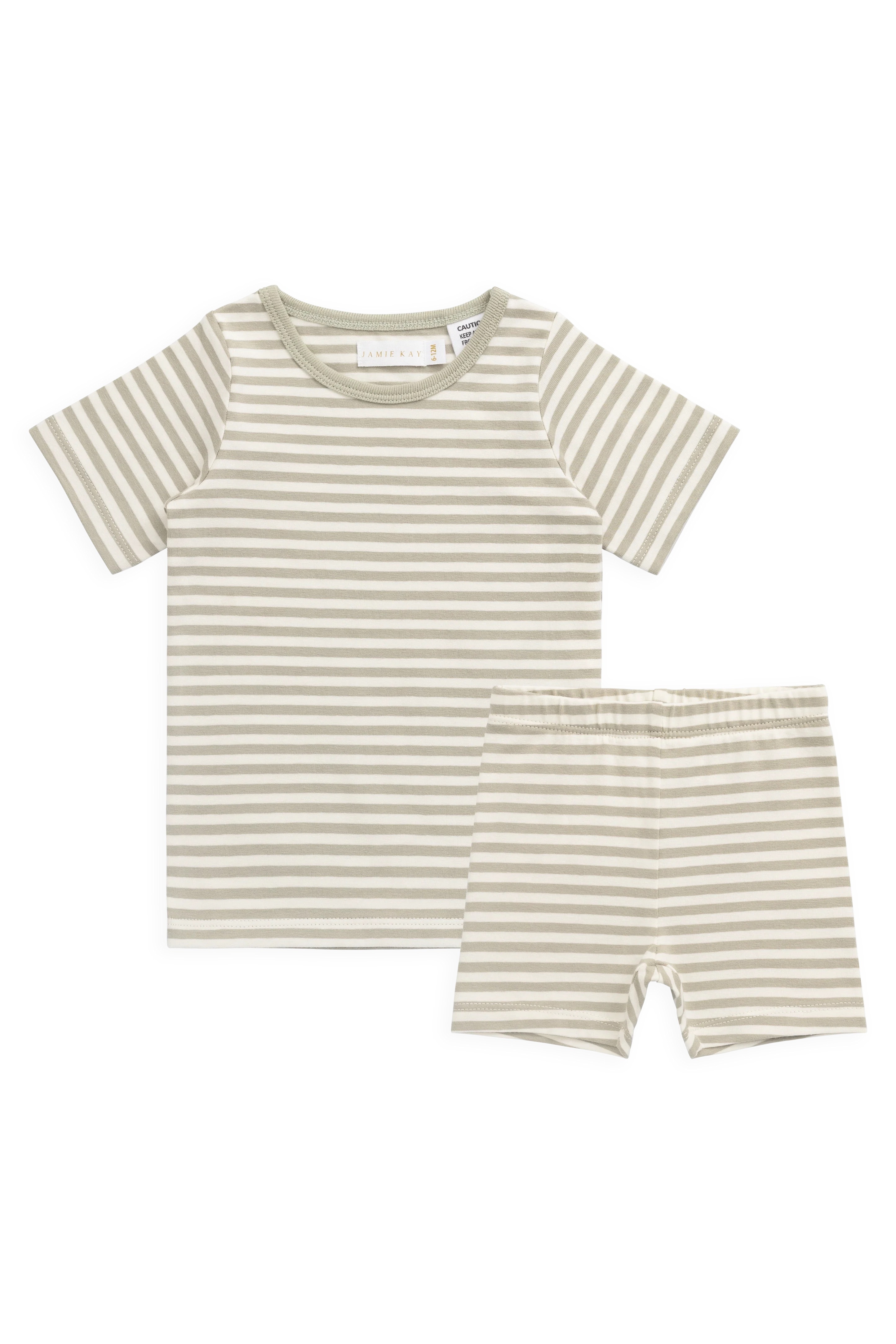 【預購】JAMIE KAY -Organic Cotton Baker Short Sleeve Pyjama Set（Narrow Stripe Lichen/Cloud）