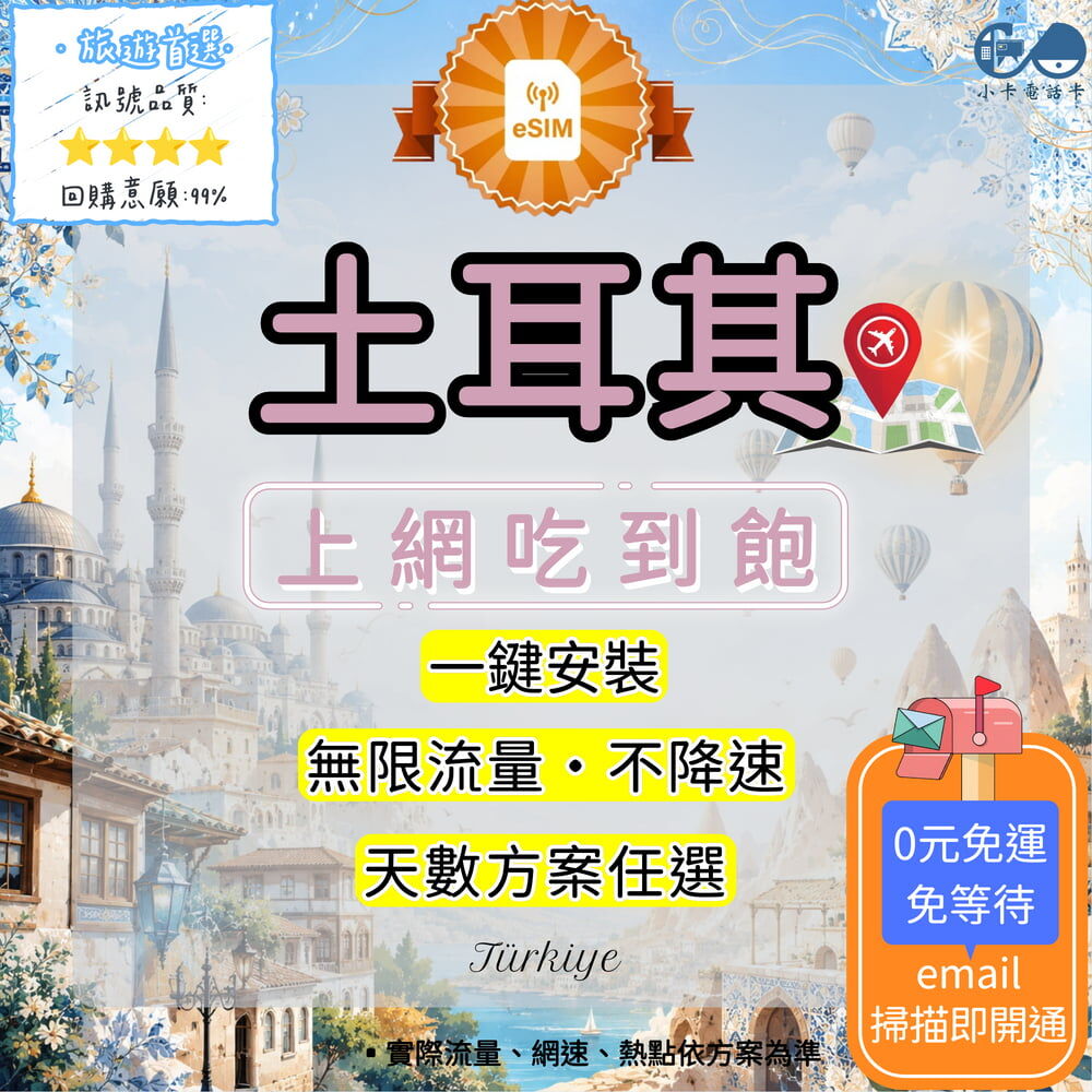 【eSIM】土耳其網卡全方案｜吃到飽·每日型·總量型·APP友善〈快速啟用、免運即時開通、天數客制化〉