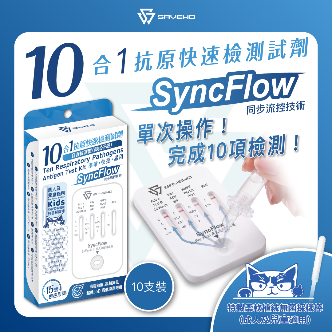 *10 支裝* SAVEWO救世十合一抗原快速檢測劑（SyncFlow同步流控技術）( hMPV 人類偏肺病毒/ RhV 鼻病毒 / Covid-19 新型冠狀病毒 / Flu A 甲型流感 /Flu B ⼄型流感 / ADV 腺病毒  / RSV 呼吸道合胞病毒 / MP 肺炎支原體 / PIV 1/3 副流感1/3型 / PIV 2 副流感2型 )