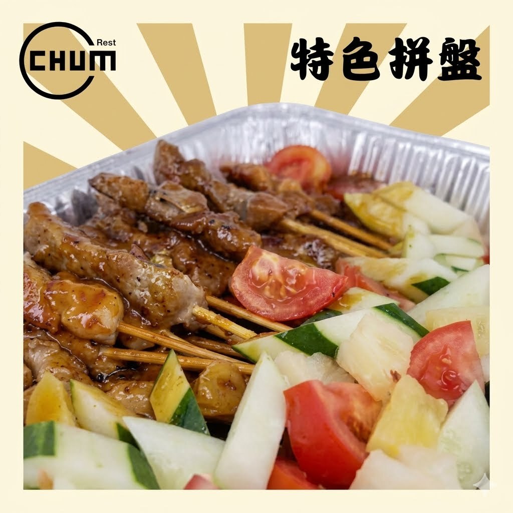 馬來沙嗲串燒拼盤 共36串 雞脾肉12串、牛柳肉12串、豬肉眼12串 (伴鮮青瓜角、清香蕃茄角、香甜波蘿角)