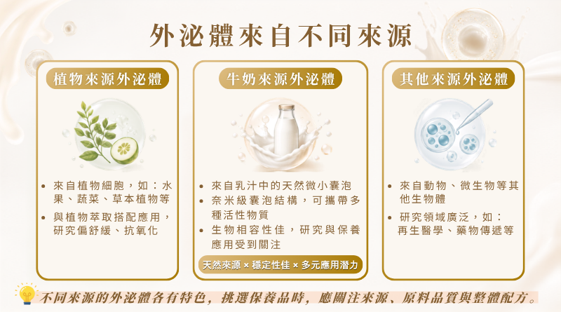 外泌體不同來源比較：植物來源、牛奶來源與其他來源外泌體