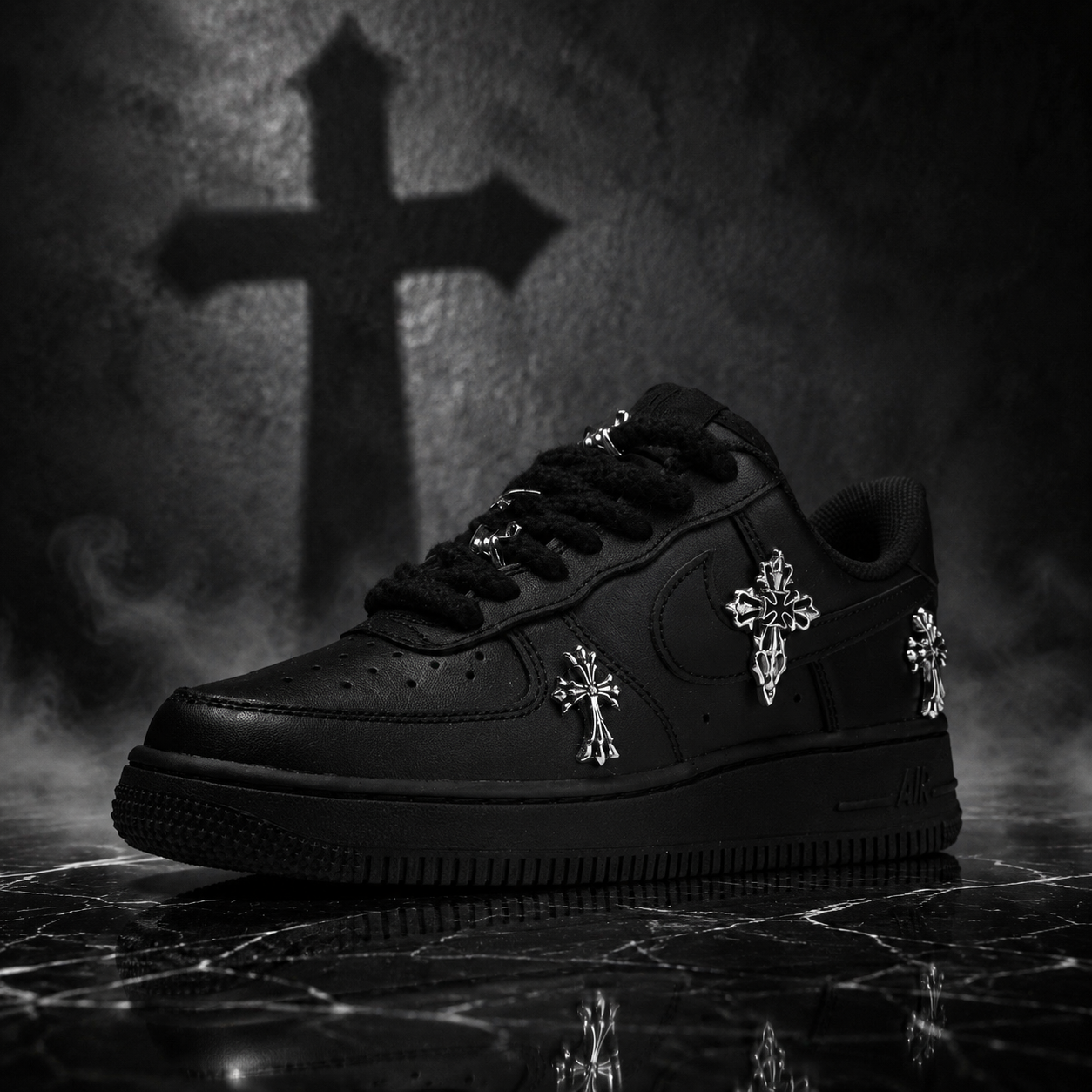 【訂製鞋款】 NIKE AIR FORCE 1 荊棘之戀 十字架 龐克風 金屬 暗黑風  個性 CW2288-001(Team1583-荊棘之戀)