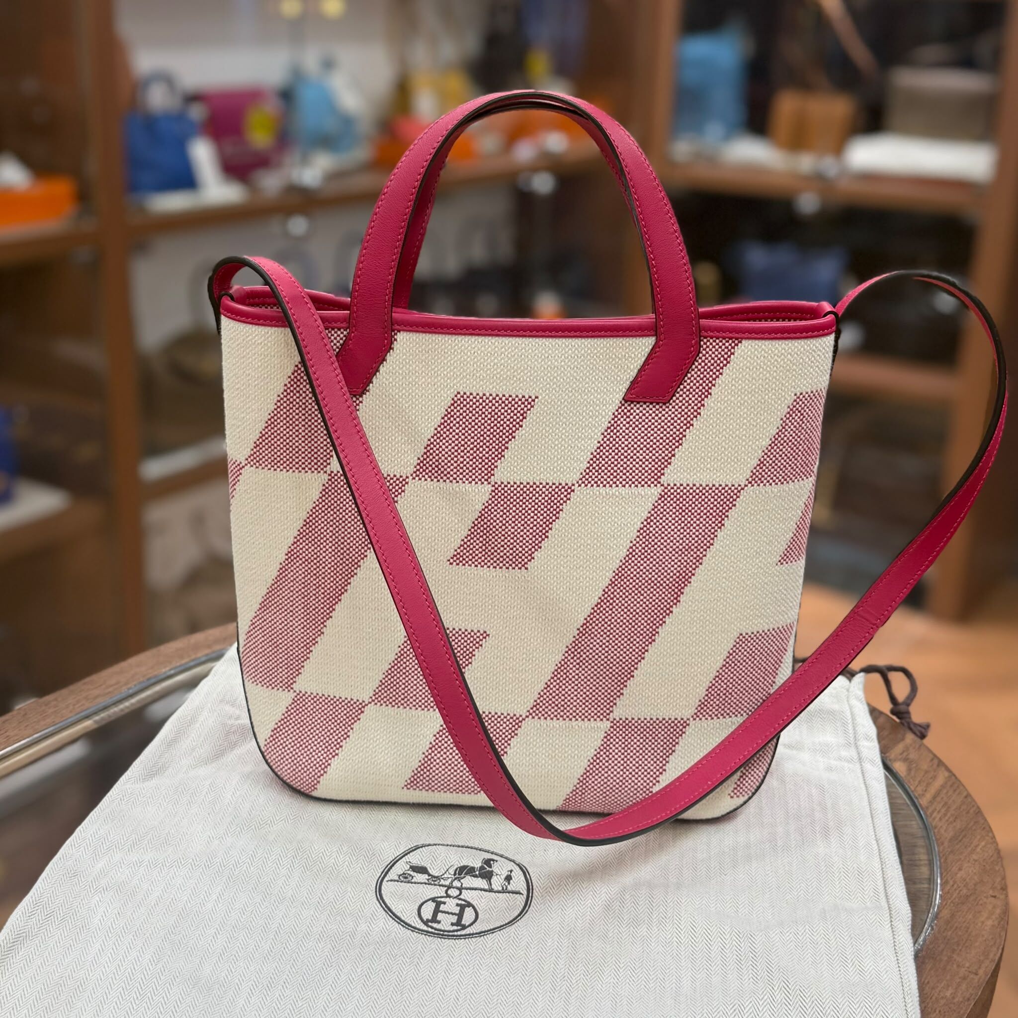 98%NEW USED HERMES TOILE H FRAMBOISE帆布BIAIS 27 STAMP Z #愛馬仕