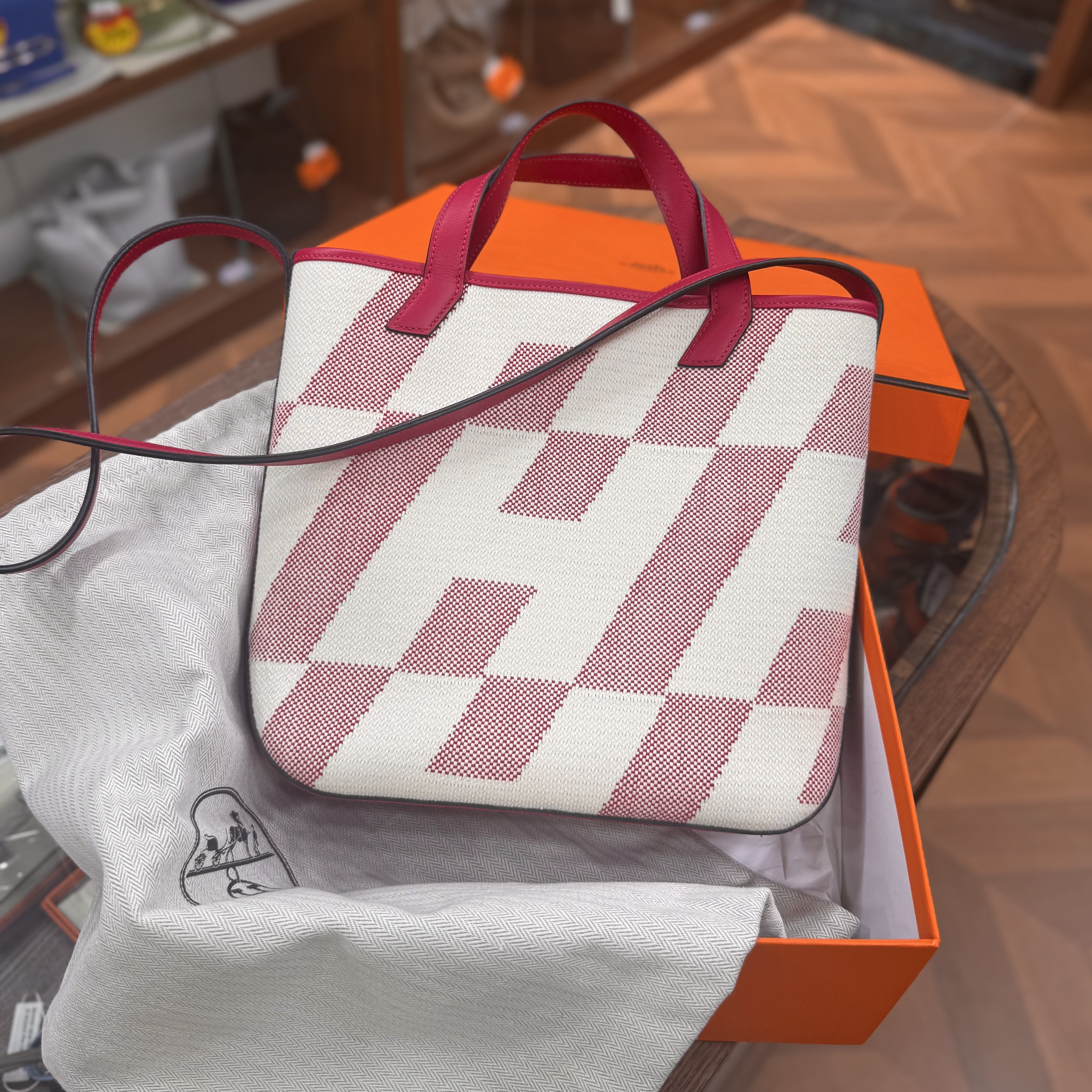 98%NEW USED HERMES TOILE H FRAMBOISE帆布BIAIS 27 STAMP Z #愛馬仕