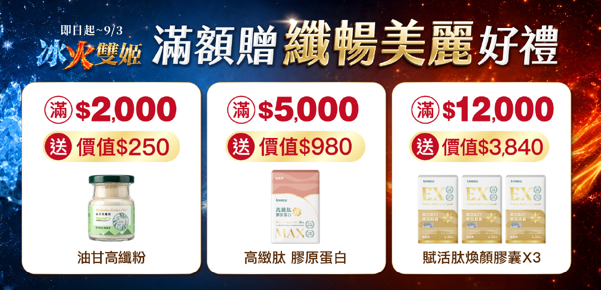 冰火雙姬滿額贈好禮:滿2000送油甘高纖粉、滿5000送膠原蛋白、滿12000送煥顏膠囊三入