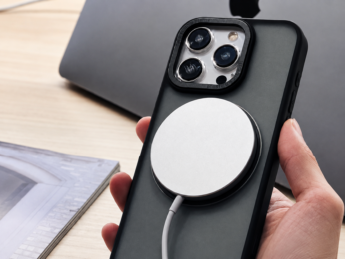 手持 YU 黑色手機殼，MagSafe 圓形充電器磁吸貼合背面、免脫殼充電