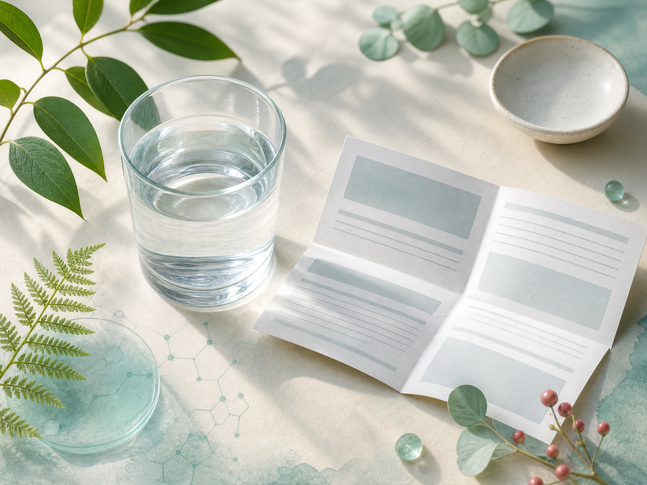 水杯、健康資料及植物元素組成的補充品安全檢核概念圖