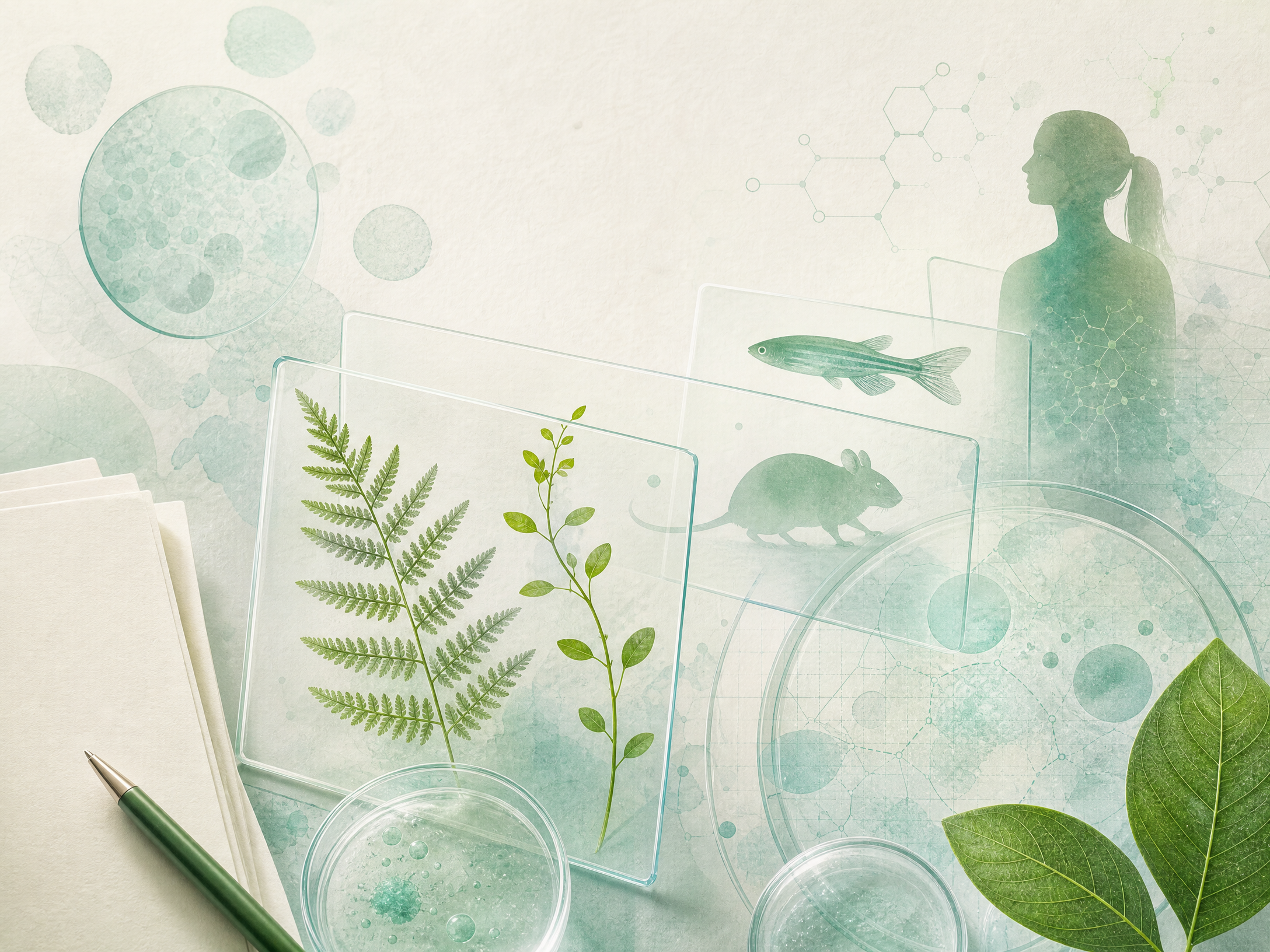 以玻璃層次、植物標本及研究元素呈現健康證據層級的概念圖