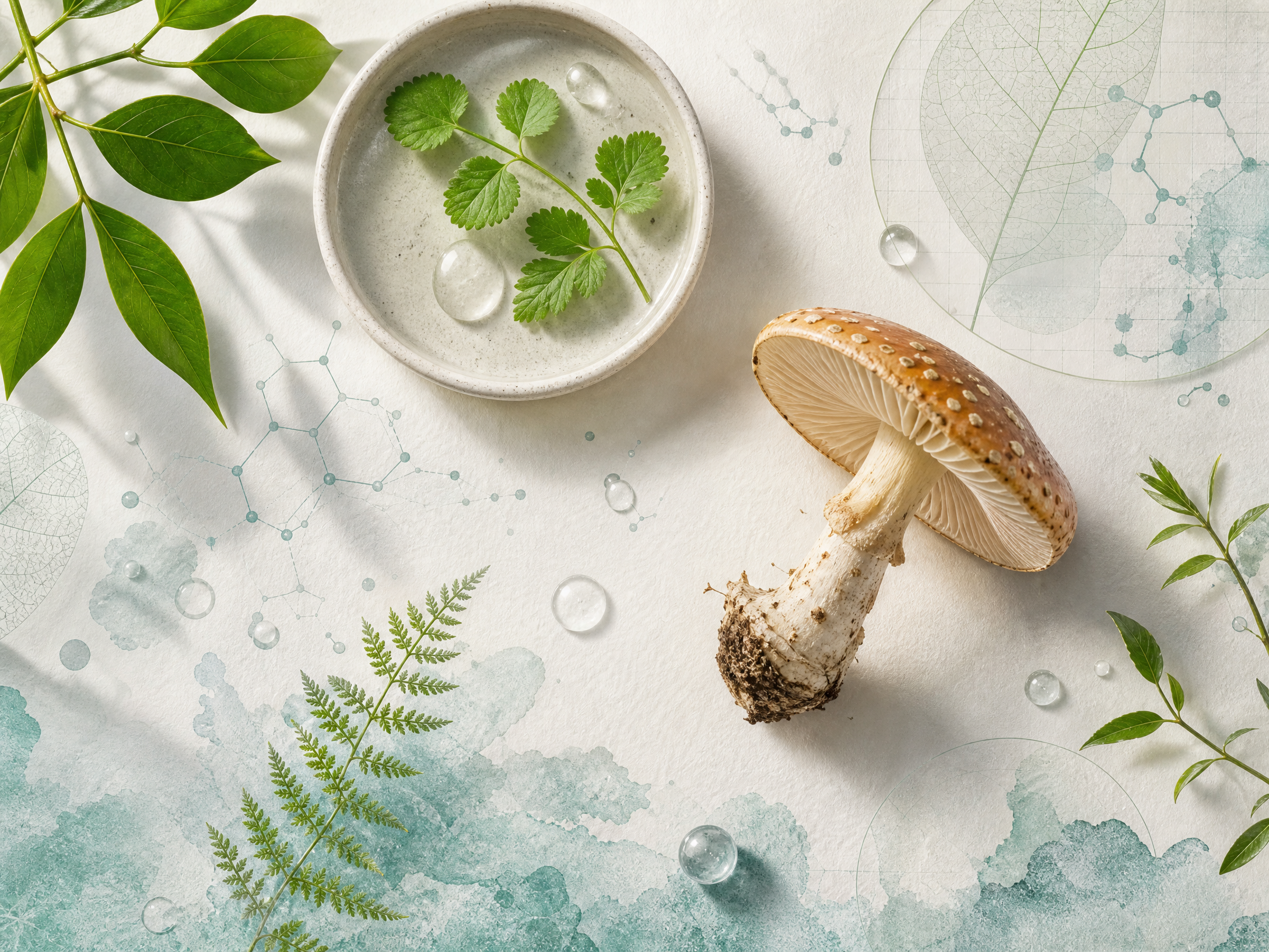 虎乳靈芝真菌標本與植物元素的健康研究概念圖