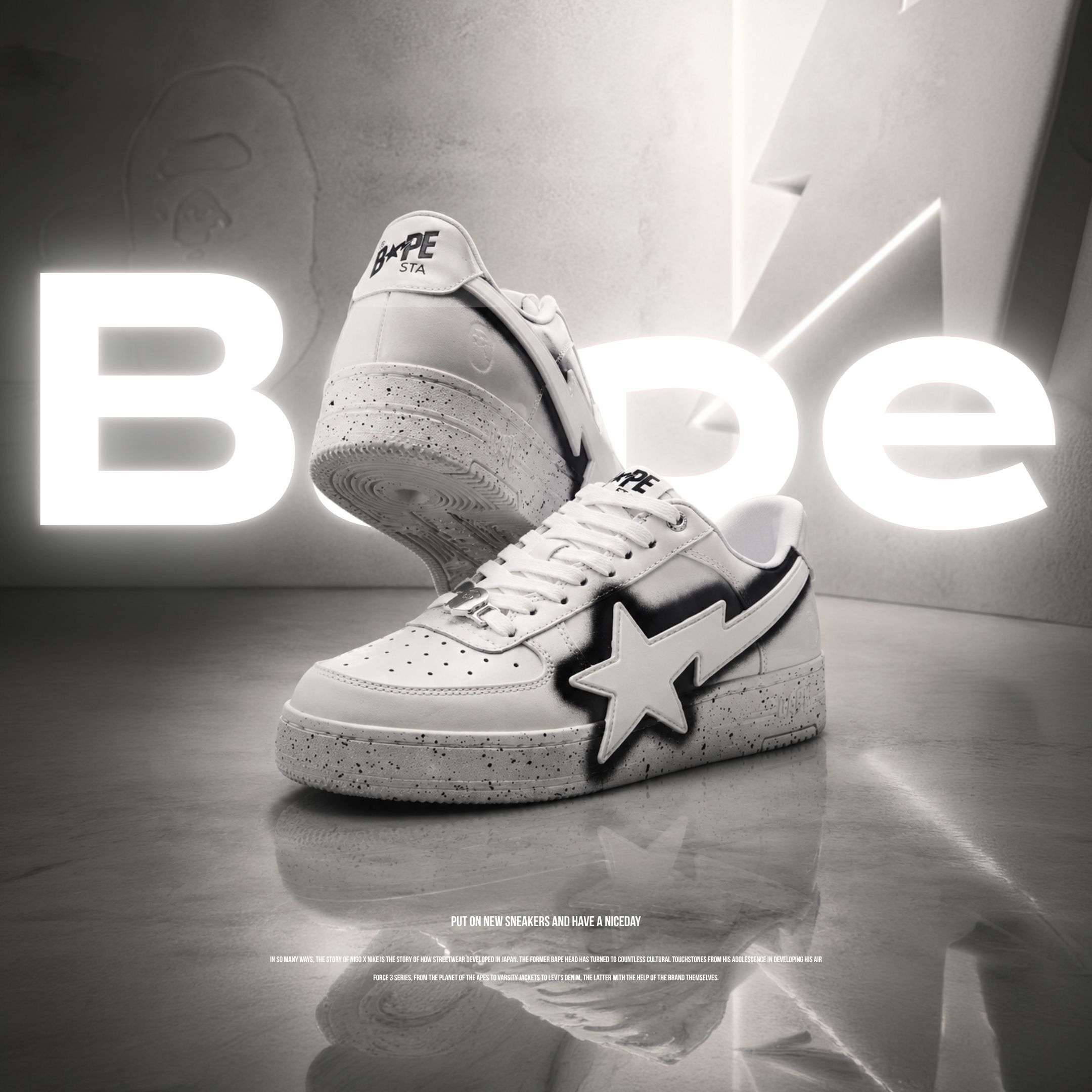 NICEDAY 代購 BAPE STA OS 白 猩猩 星星 墨水 白黑 黑白 復古 0ZXSHM310911Q