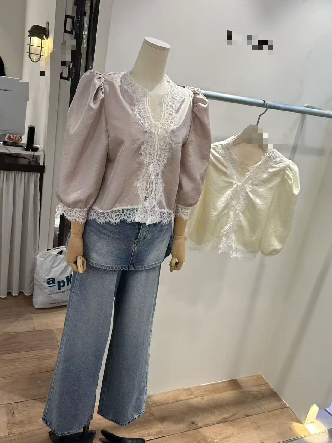 V睫毛蕾絲公主袖七分袖襯衫