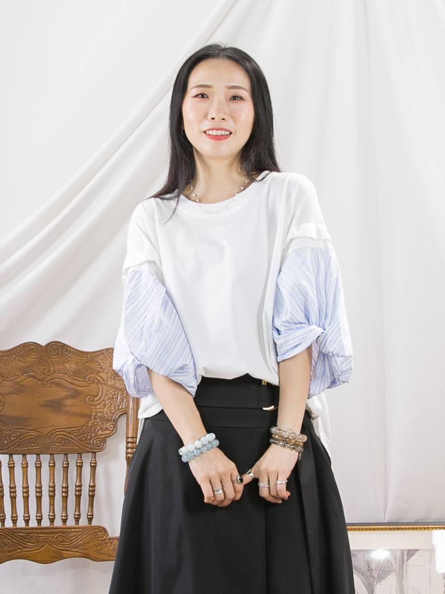 泡泡手袖直紋恤衫料 • cotton料TOP