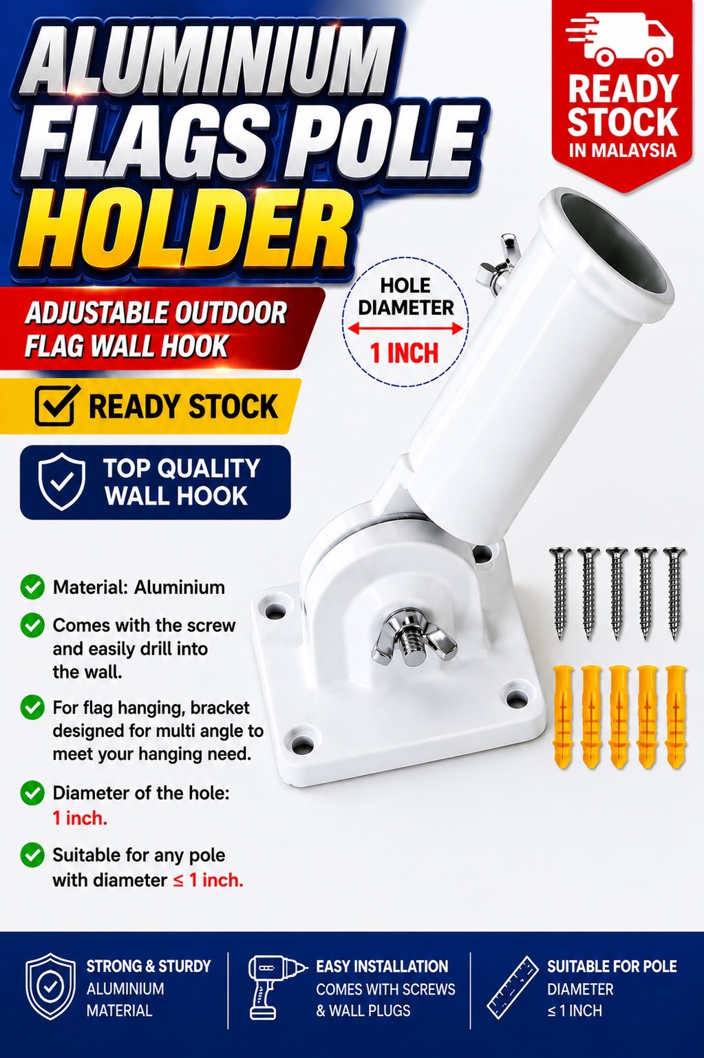 Aluminium Flag Pole Wall Holder 1 Inch Adjustable Outdoor Bendera Bracket Ready Stock Malaysia