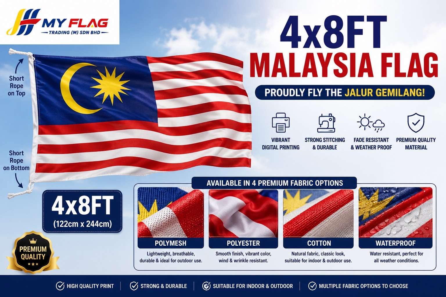 Malaysia Flag Jalur Gemilang 4x8FT 120x240cm – Bendera Malaysia Outdoor Indoor