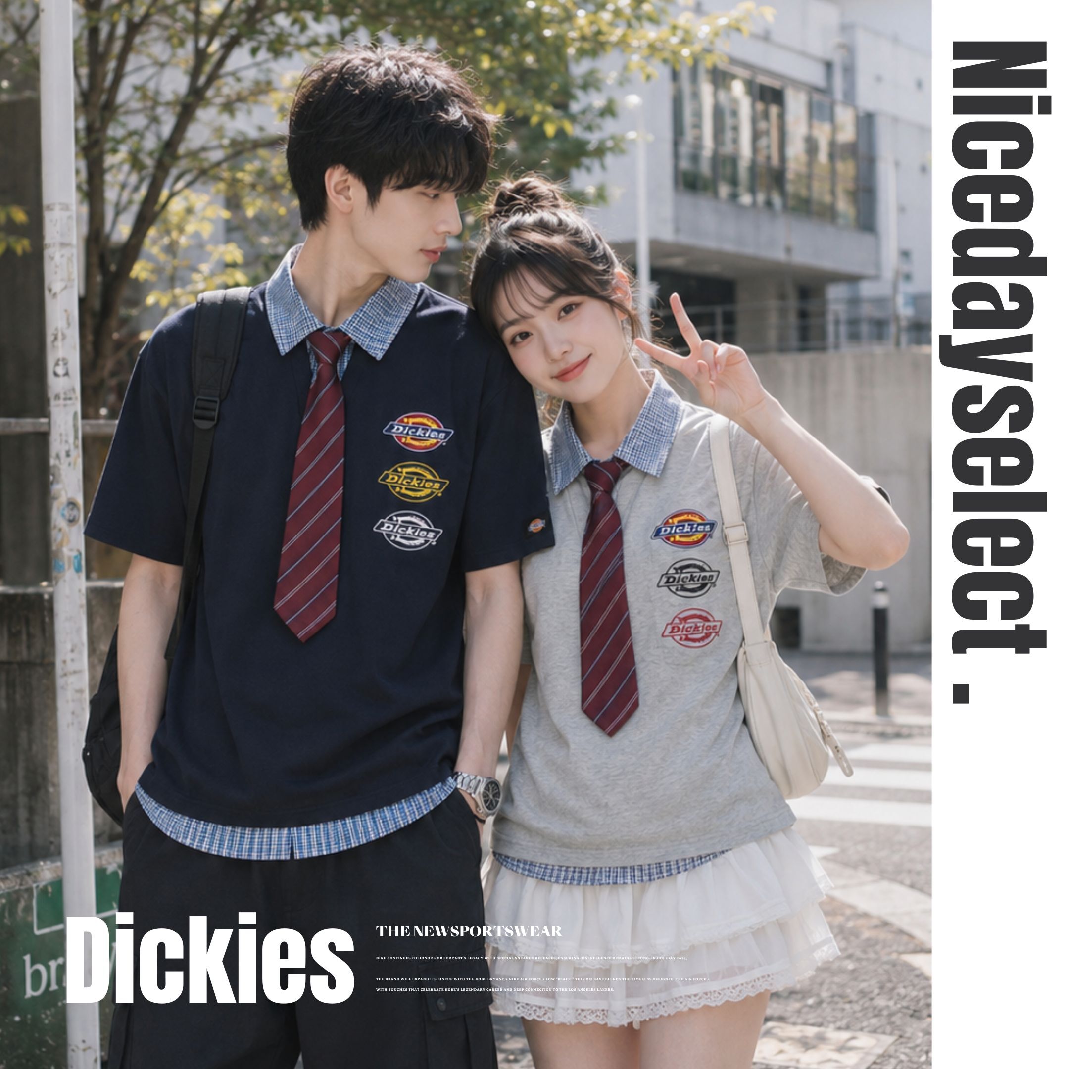NICEDAY 服飾 代購 Dickies 假兩件 學院風 領帶 襯衫 上衣 短袖 POLO 深藍 海軍藍 灰