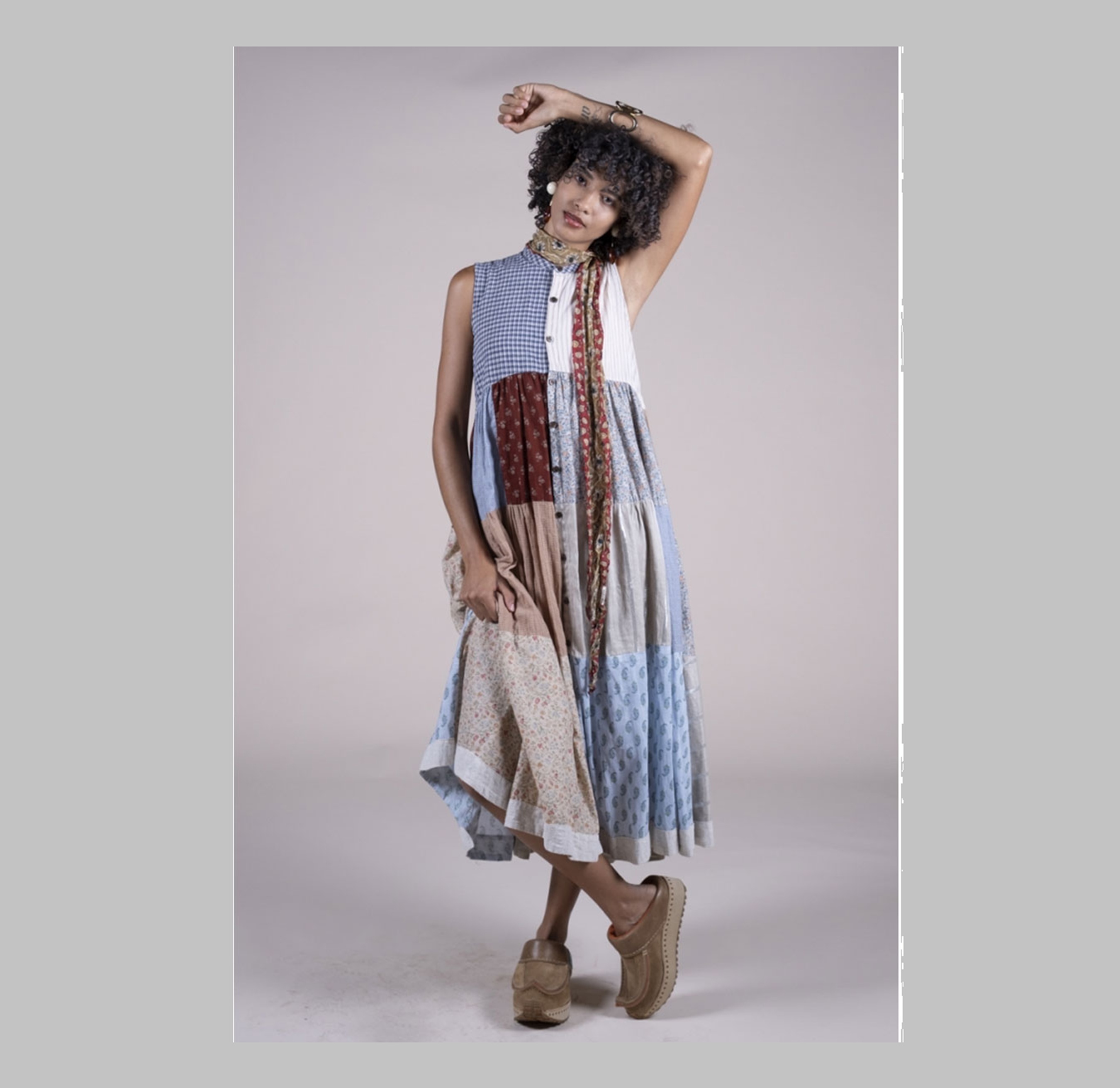 KAPITAL Patchwork Stand Collar Aloha Dress (WOMEN) - BLUE PRE ORDER ITEM (預訂中)