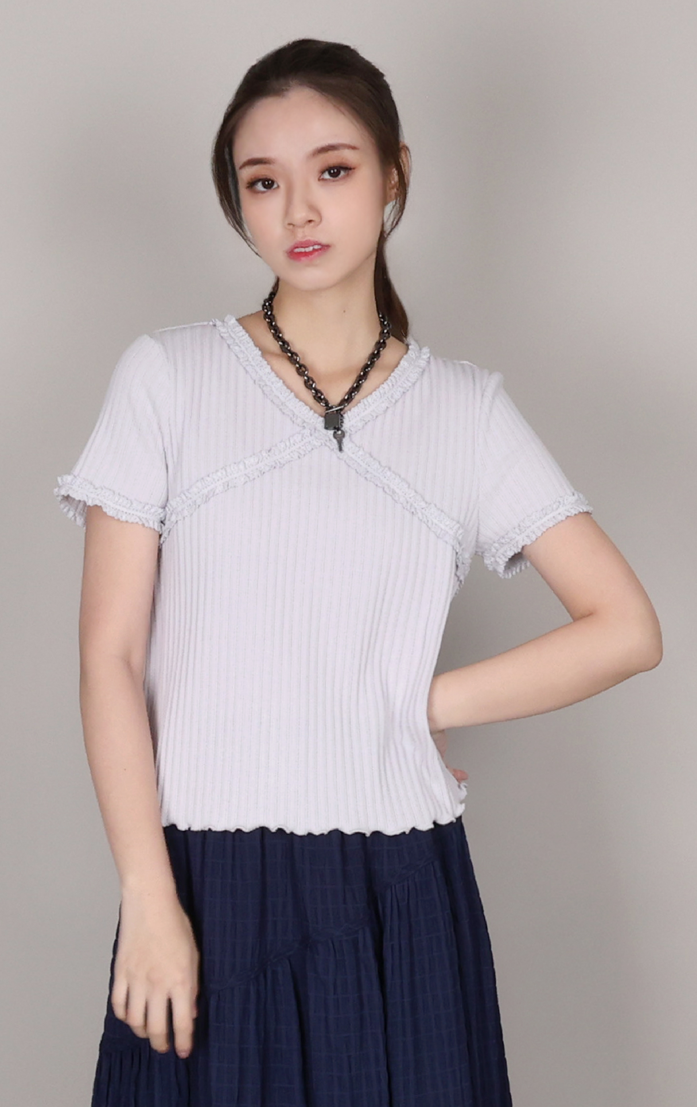 Criss-Cross Lace-Trim Ribbed Top ST0470