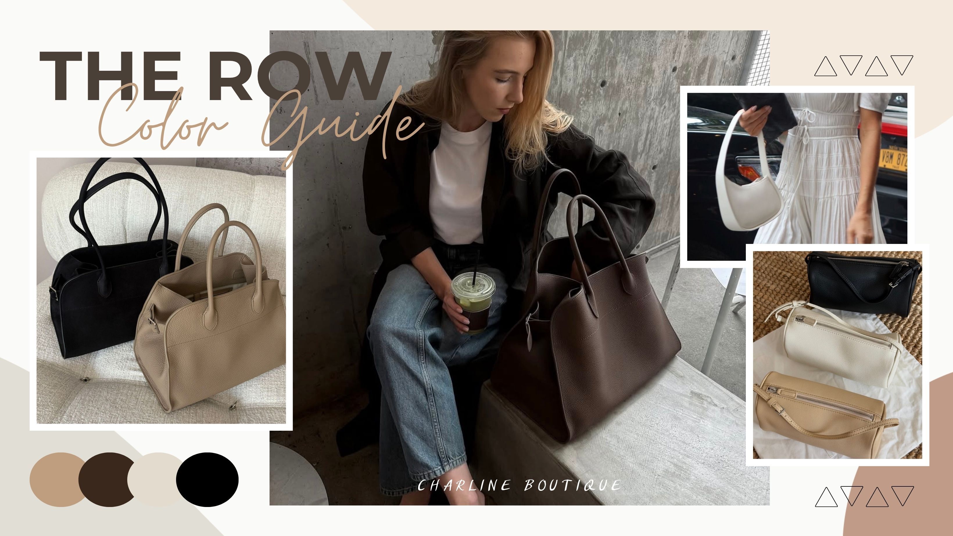 你以為自己喜歡的是「奶茶色」，真的開始找 The Row 才發現，同樣被叫做奶茶色的包，在不同網站可能偏灰、偏棕，也可能更暖；中文常說的深咖、灰棕也有一樣的問題，看起來很接近，正式色名卻未必相同。再加上光線、皮革與螢幕顯色，很多人還沒開始選 Black 還是 Deep Brown，就先卡在「我存的這張照片到底是哪個顏色」。  顏色確認是一件事，適不適合自己又是另一件事。缺一顆每天拿了就能出門的主力包，Black 最省事；黑包已經不少，又不想一下跳到淺色，Deep Brown 很值得看；平常常穿米白、燕麥、卡其、灰色，Dark Taupe 很容易融進去；Ivory 最輕盈，但它適不適合你，往往跟用包習慣比跟穿搭更有關。  The Row 的中性色都不張揚，也沒有哪一色明顯難搭，所以單看別人的街拍很難得到答案。把自己原本的包、最常穿的衣服和實際使用方式放進來，通常比繼續找更多穿搭照更容易選。  目錄  The Row 四色怎麼選？先看這張表  Black 黑色｜最好搭，但家裡真的還缺黑包嗎  Deep Brown 深咖｜想留在深色，又不想再買一顆黑包  Dark Taupe 奶茶色｜穿搭很萬用，但先確認看到的是哪個版本  Ivory 象牙白｜喜歡不難，買回去敢不敢背比較重要  Black vs. Deep Brown、Dark Taupe vs. Ivory，最後怎麼選  The Row 選色 FAQ  延伸閱讀  結論｜買回家會一直拿，才是適合你的顏色  1. The Row 四色怎麼選？先看這張表  先不用管哪一色最近比較熱門，把自己的衣櫃、包櫃和用包方式放進來看，通常很快就能先刪掉一半選項。  你的現況  優先看  為什麼  缺一顆上班、週末、旅行都能直接使用的深色主力包  Black  使用門檻低，白襯衫、丹寧、西裝都容易搭  黑色精品包已經不少，但還是不想離開深色  Deep Brown  深色安全感還在，又能和既有黑包拉開差異  衣櫃常穿米白、燕麥、卡其、灰色、淺藍丹寧  Dark Taupe  很容易融入中性色穿搭，又不像 Ivory 那麼亮  平常就穿白、奶油、淺米，也習慣使用淺色包  Ivory  視覺最輕盈，適合原本就偏淺色的衣櫃  穿搭大量是黑、深灰、Navy，風格偏俐落  Black / Deep Brown  深色包比較容易延續原本的穿衣線條  常穿深色丹寧，用包方式也比較隨性  Black / Deep Brown  日常比較不用一直顧慮淺色摩擦與移染  真的選到最後，多數人不會還在四色之間打轉，通常只剩兩組：Black vs. Deep Brown，或 Dark Taupe vs. Ivory。前一組在想「我還需不需要另一顆黑包」，後一組則跟生活習慣更有關。
