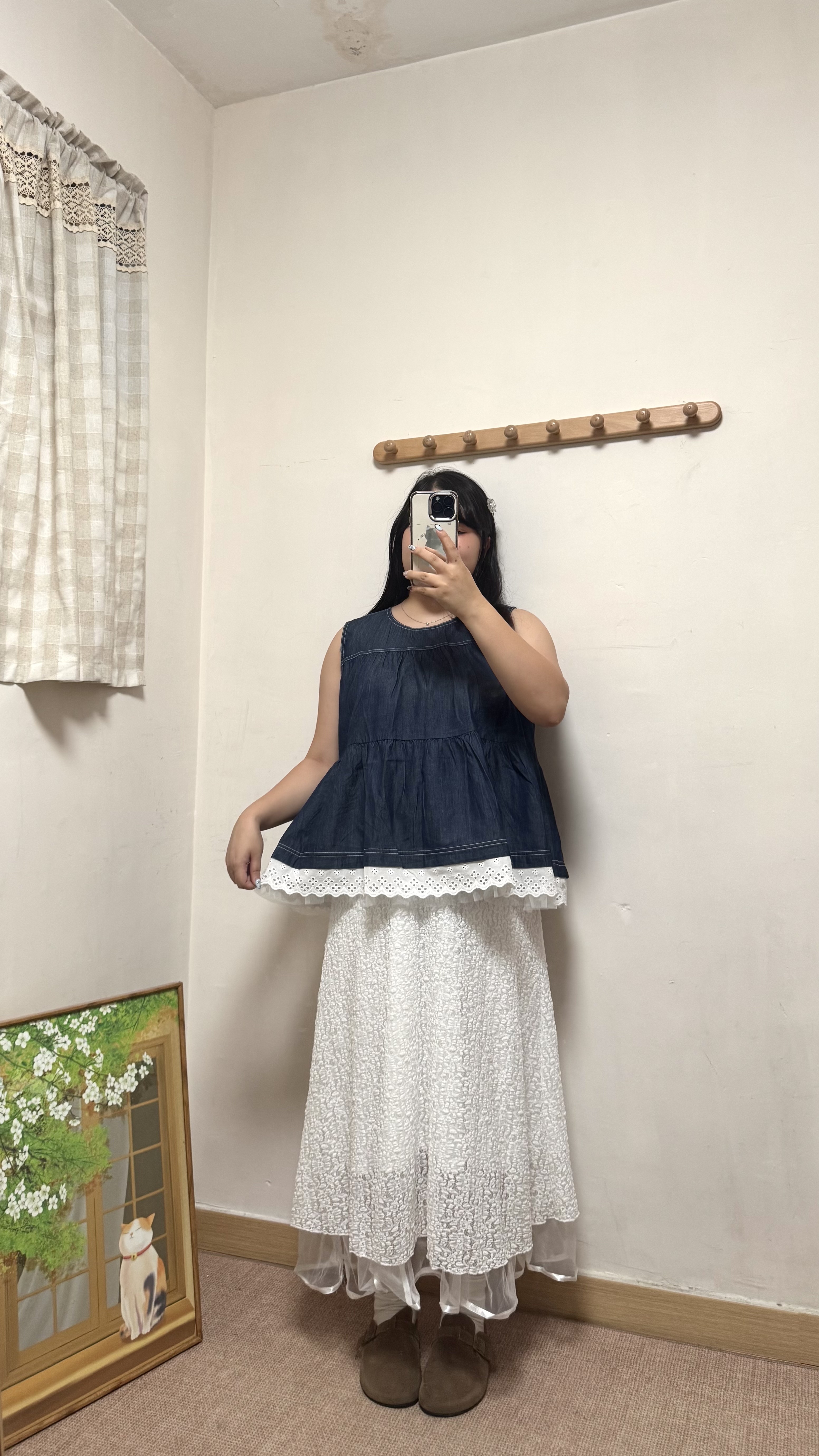 牛仔軟布下擺通花拼紗