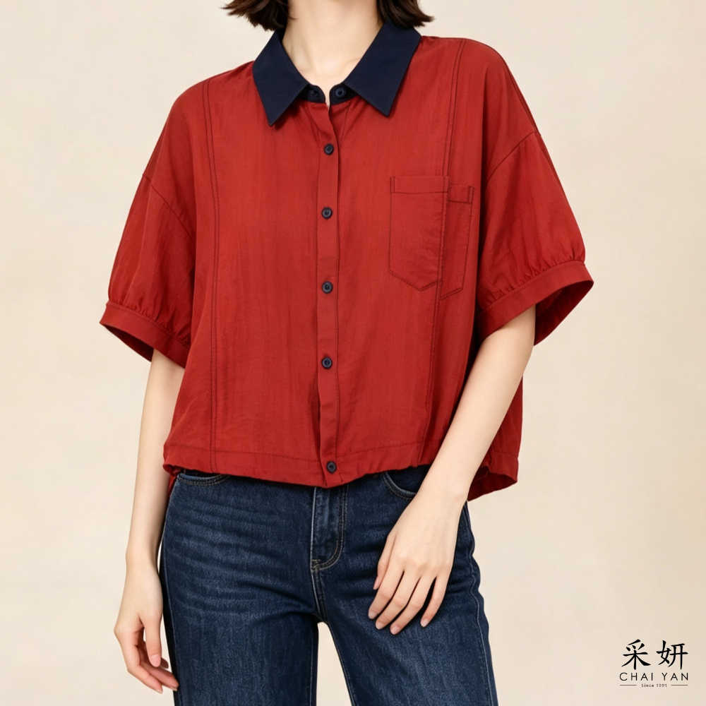 跳色棉麻短袖襯衫