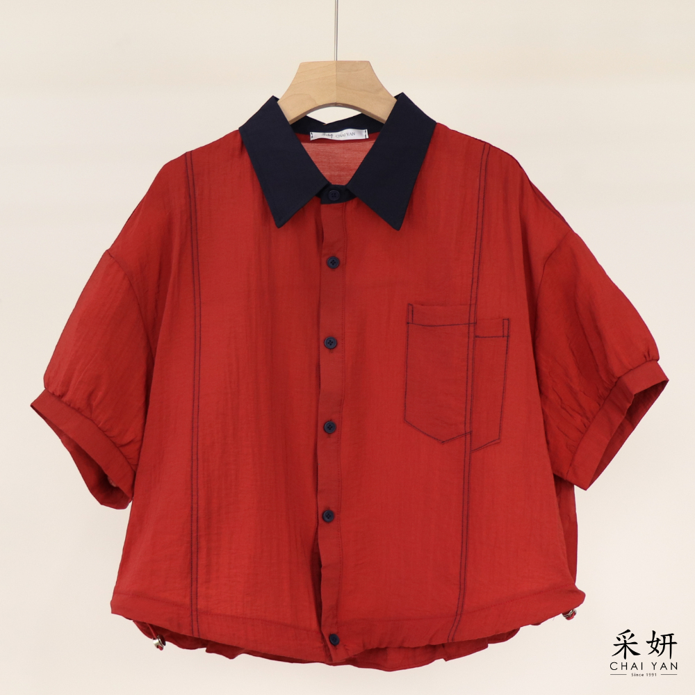 跳色棉麻短袖襯衫