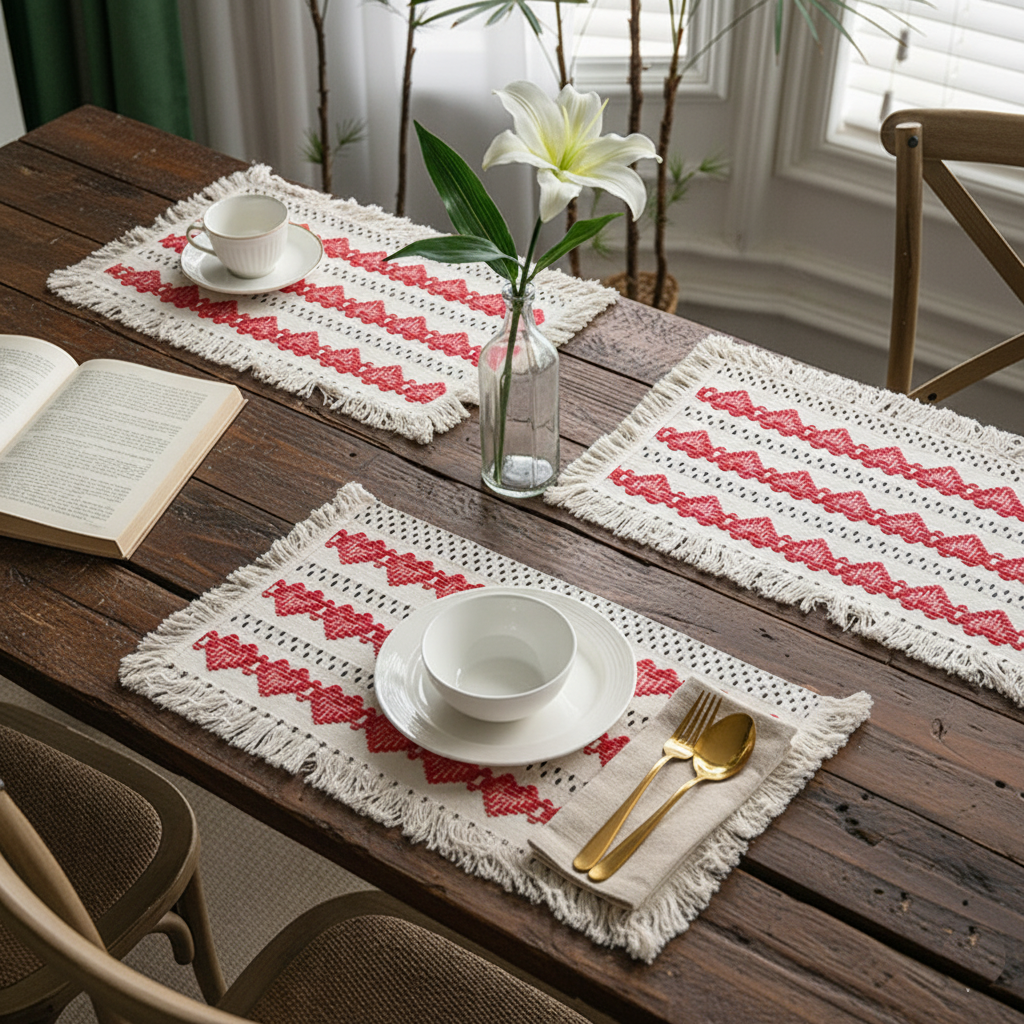 Color-Block Striped Woven Placemat with Tassels