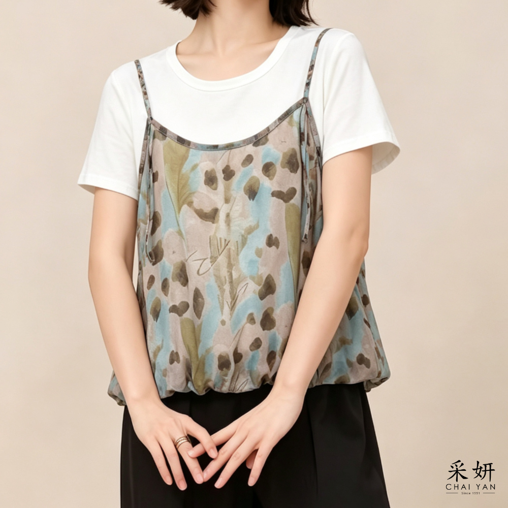 假兩件花布吊帶短袖上衣