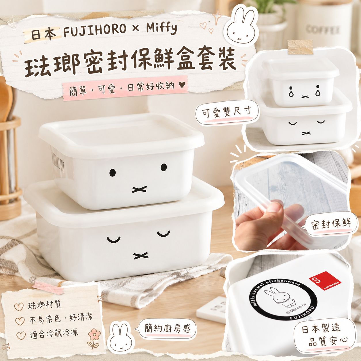 【預購】JM082014 日本 FUJIHORO × Miffy 琺瑯密封保鮮盒套裝