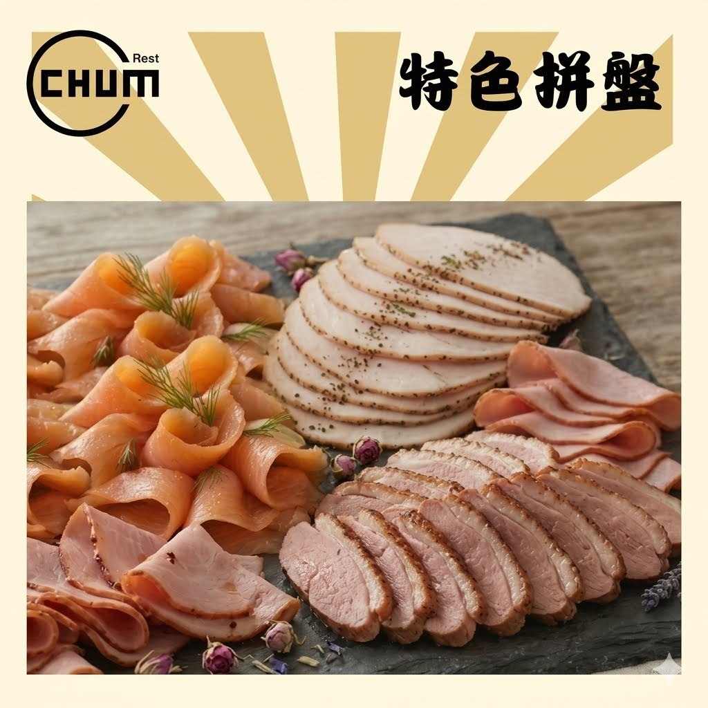 歐陸凍肉拼盤 共2kg (煙挪威三文魚片、黑椒牛肉片、煙鴨胸片、無骨豬脾片、熟火雞胸片、蜜糖火腿片)