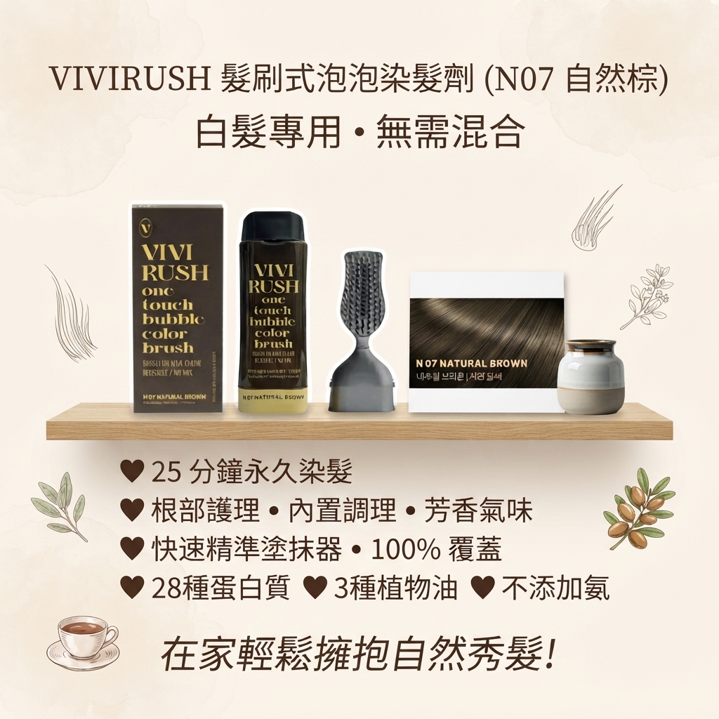 預訂9月上旬到【VIVIRUSH 髮刷式泡泡染髮劑 (N07 自然棕)】