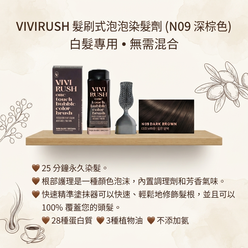 預訂9月上旬到【VIVIRUSH 髮刷式泡泡染髮劑 (N09 深棕色)】