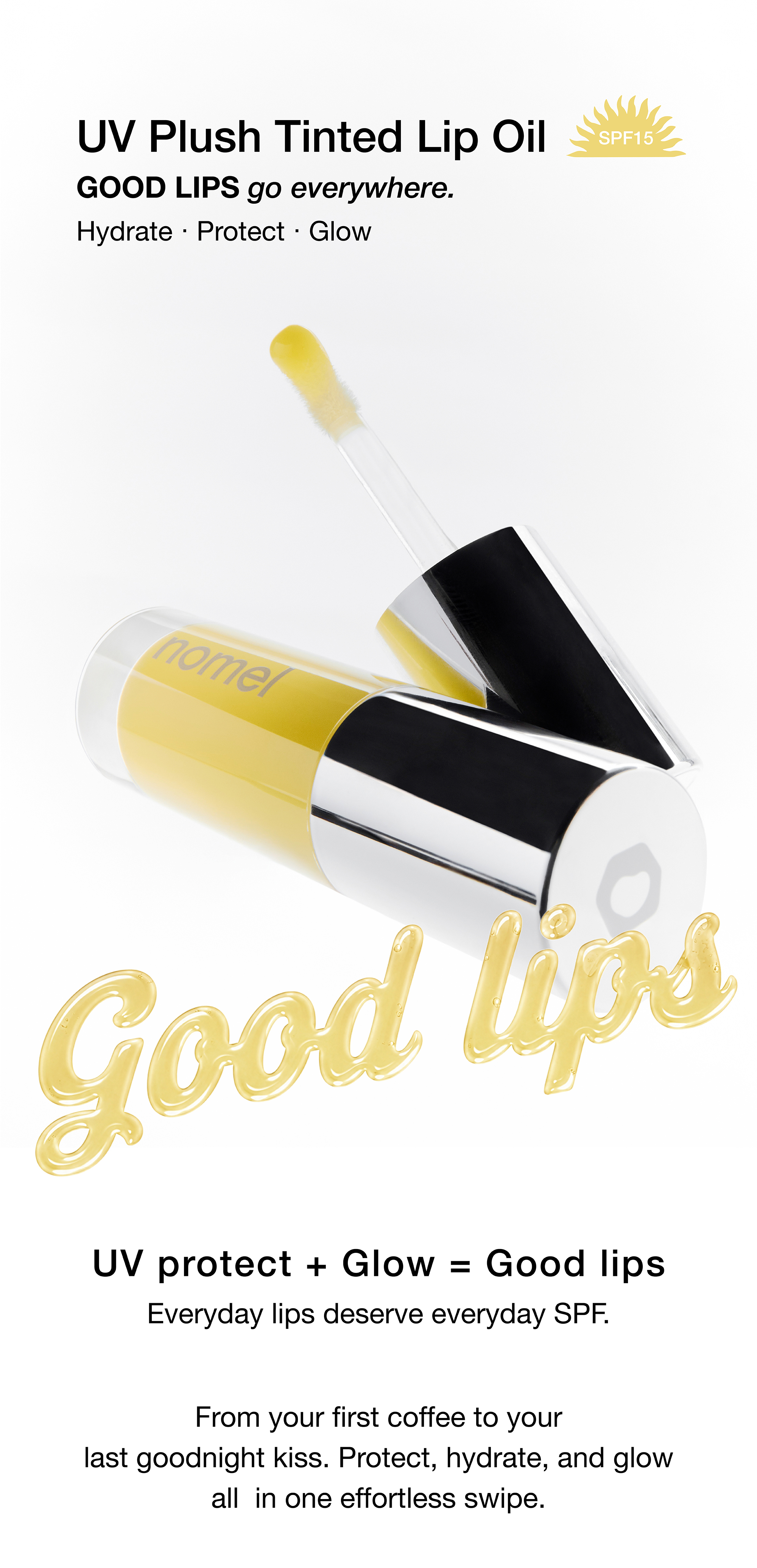 nomel UV Plush Tinted Lip Oil product features and packaging highlights