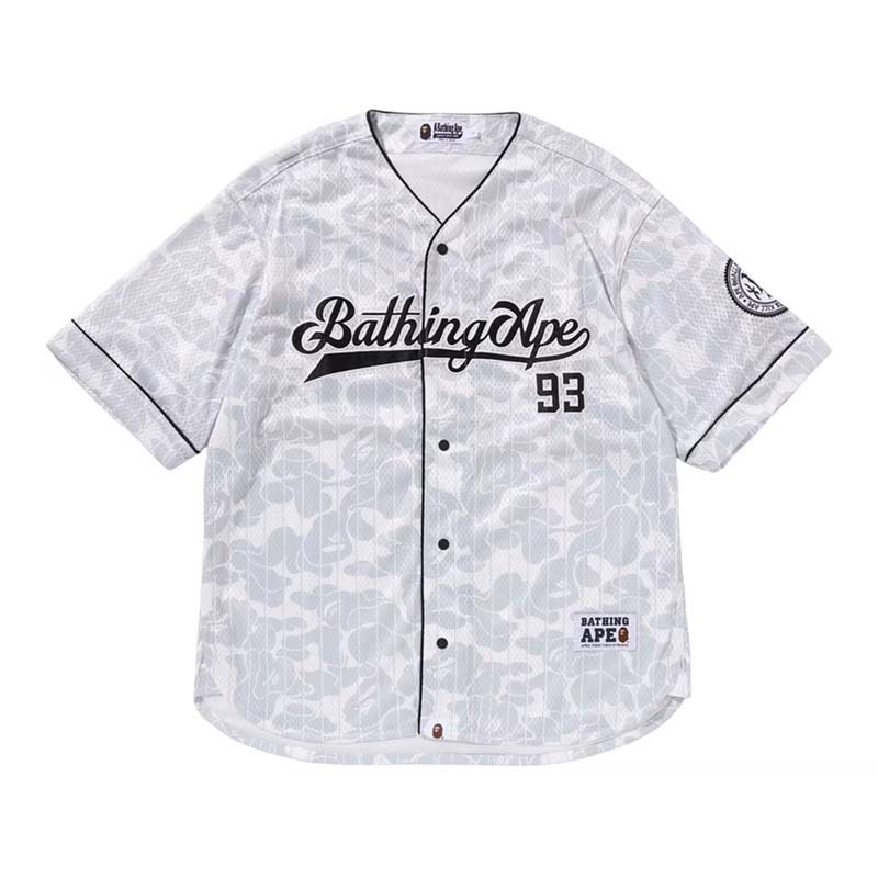 BAPE CAMO STRIPE BASEBALL SHIRT 滿版迷彩胸前字體球衣 短袖 灰白色 1L30132003-GY [台灣現貨]