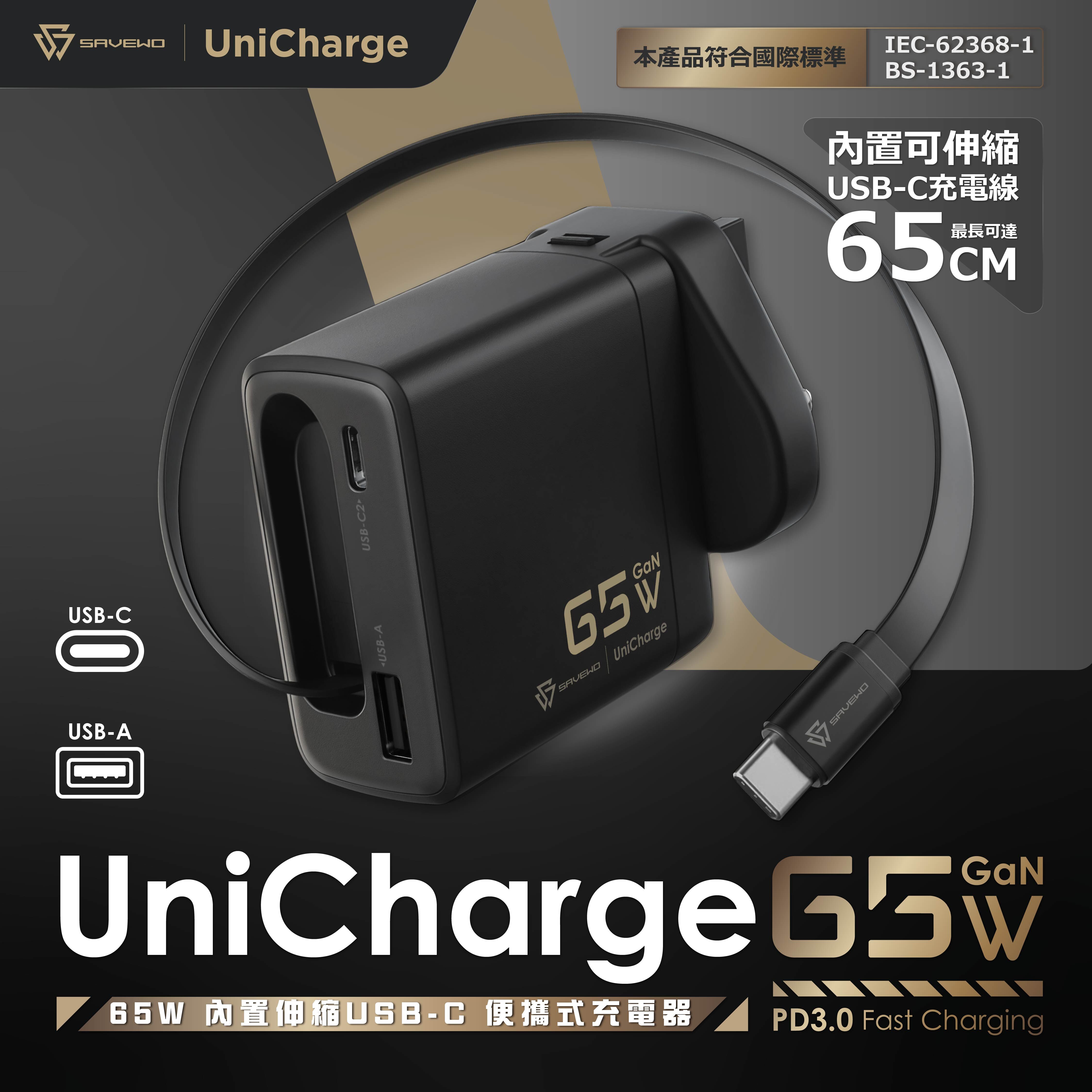 SAVEWO UniCharge UC65 GaN 65W 內置伸縮 USB-C 便攜式充電器