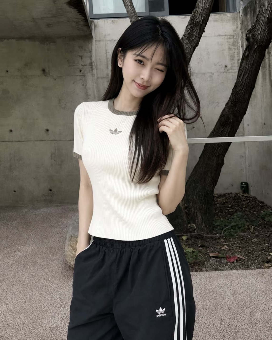 【預購】ADIDAS ORIGINALS OTT TIGHT 合身坑條上衣 米杏色 KS8494