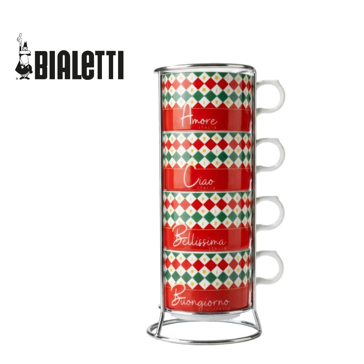 意大利 BIALETTI TRICOLOR三色旗系列 4件 疊疊咖啡杯連杯架 -TRICOL04