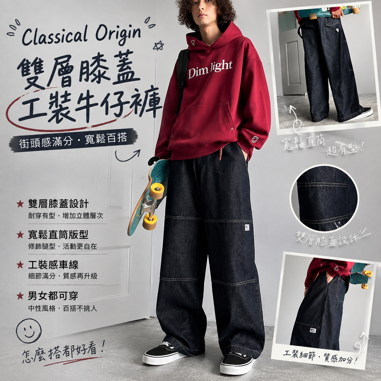 【預購】JM082109 Classical Origin 雙層膝蓋工裝牛仔褲