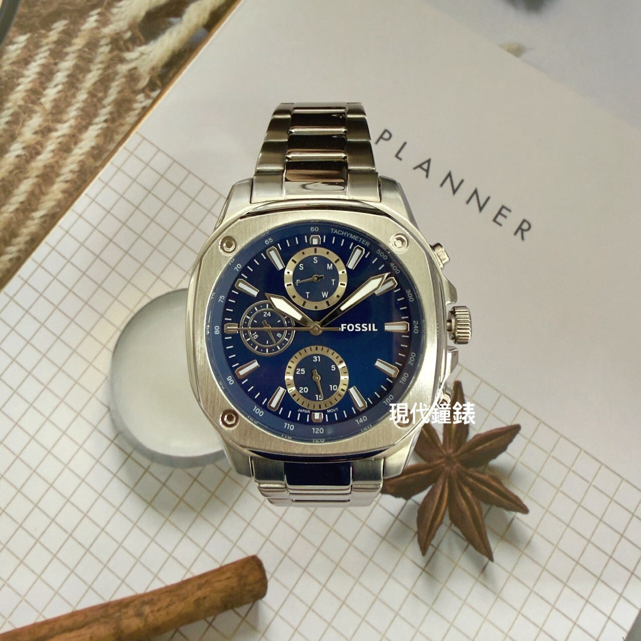 【FOSSIL】Gage都會八角硬派銀燦湛藍三眼鍊錶 BQM7140 47mm 現代鐘錶